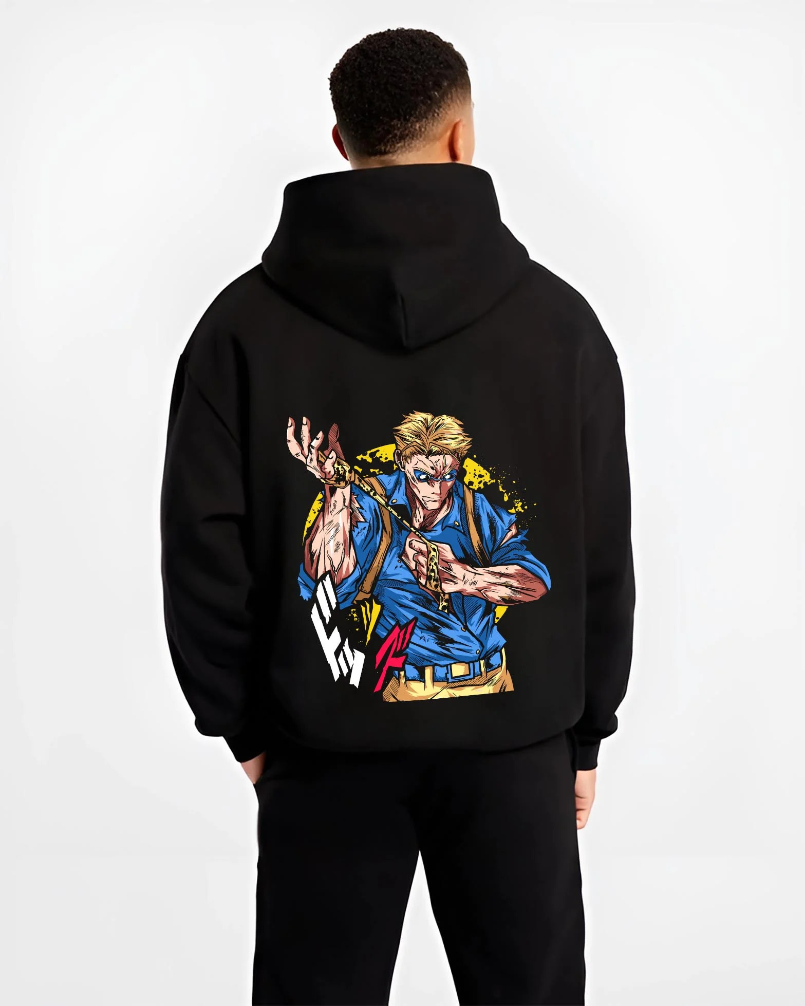 Black hoodie worn by male model, back view with Joseph Joestar Hoodie JoJo’s Bizarre Adventure graphic streetwear graphic.