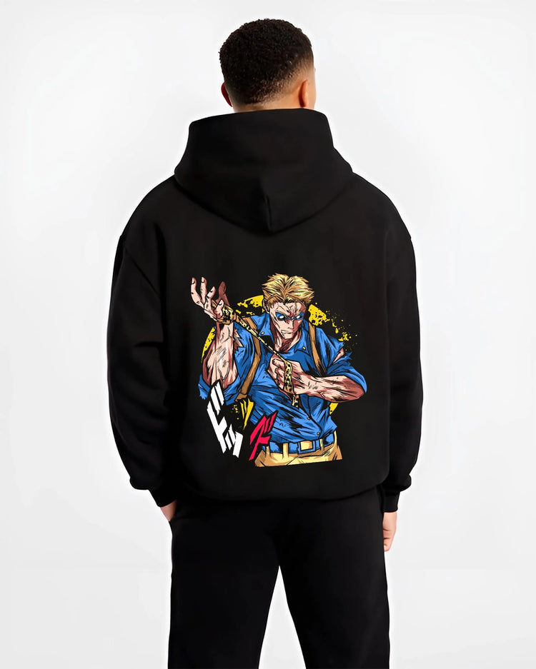 Black hoodie worn by male model, back view with Joseph Joestar Hoodie JoJo’s Bizarre Adventure graphic streetwear graphic.