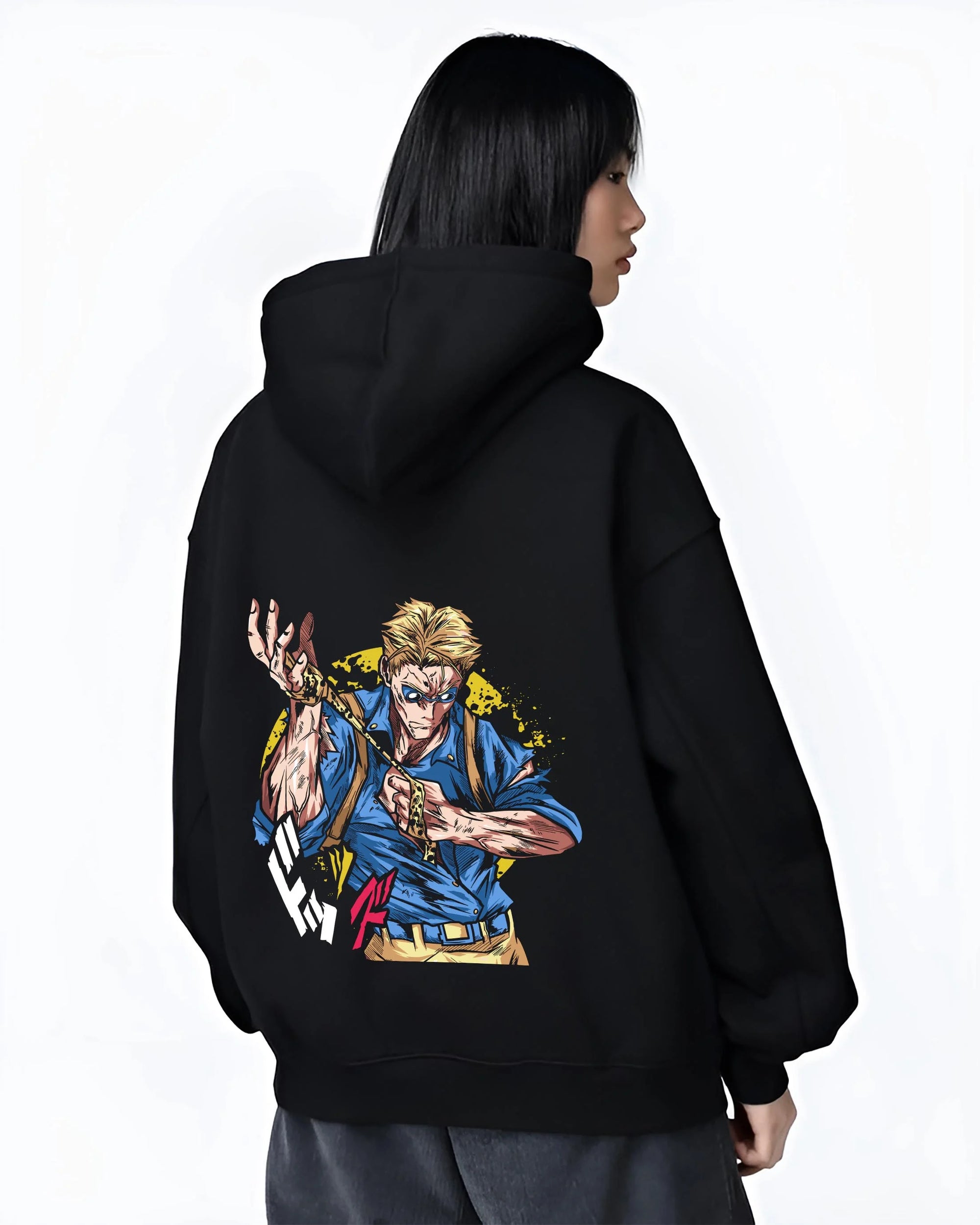Black hoodie worn by female model, back view with Joseph Joestar Hoodie JoJo’s Bizarre Adventure graphic streetwear graphic.