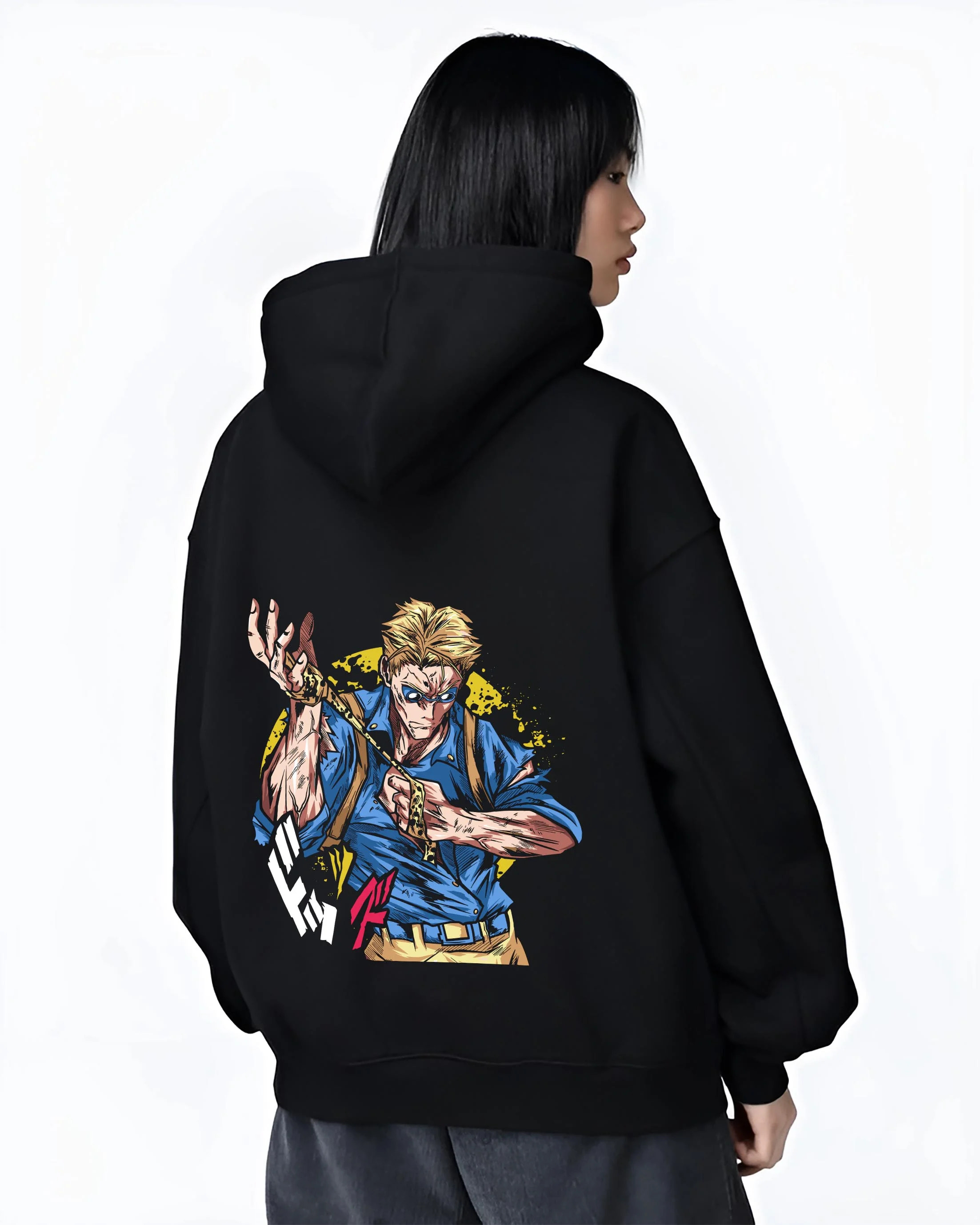Black hoodie worn by female model, back view with Joseph Joestar Hoodie JoJo’s Bizarre Adventure graphic streetwear graphic.