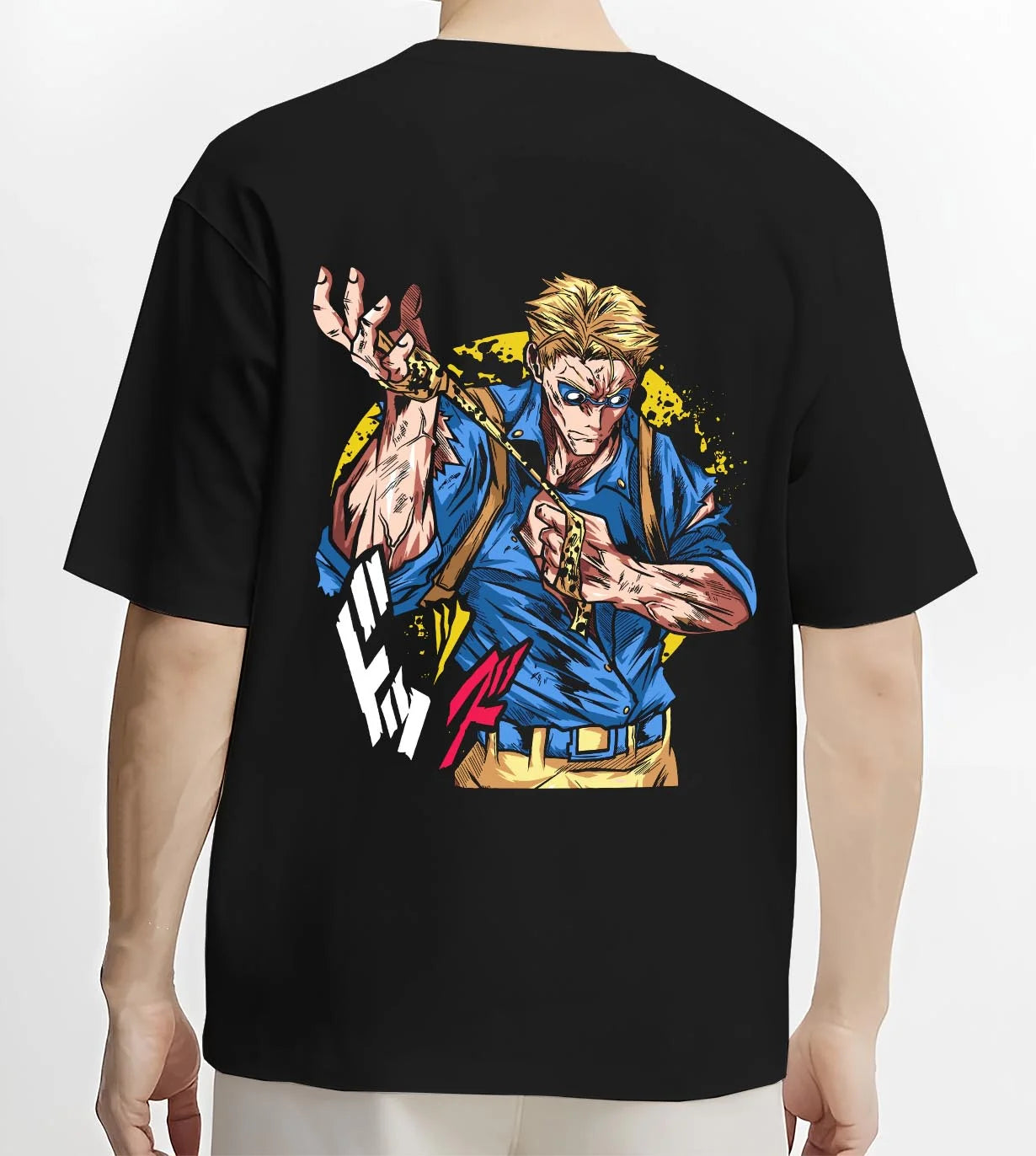 Black T-shirt worn by male model, back view with Joseph Joestar Hoodie JoJo’s Bizarre Adventure graphic bold anime graphic.