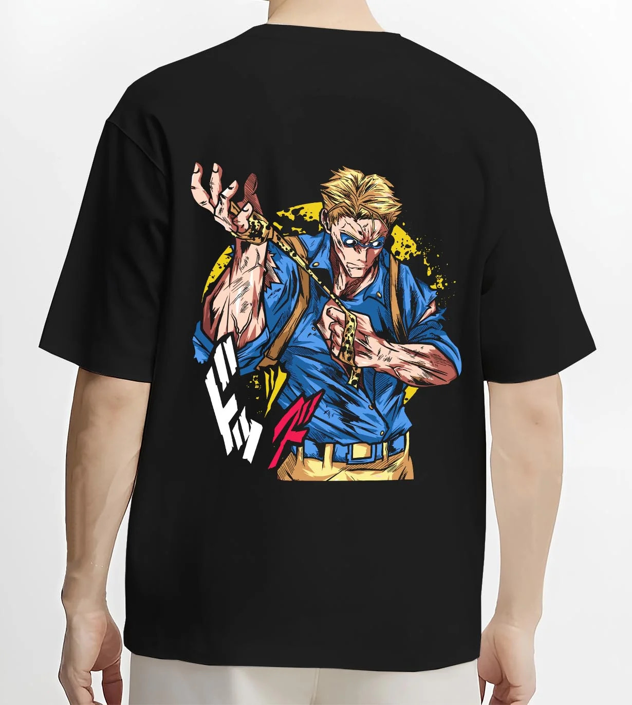 Black T-shirt worn by male model, back view with Joseph Joestar Hoodie JoJo’s Bizarre Adventure graphic bold anime graphic.