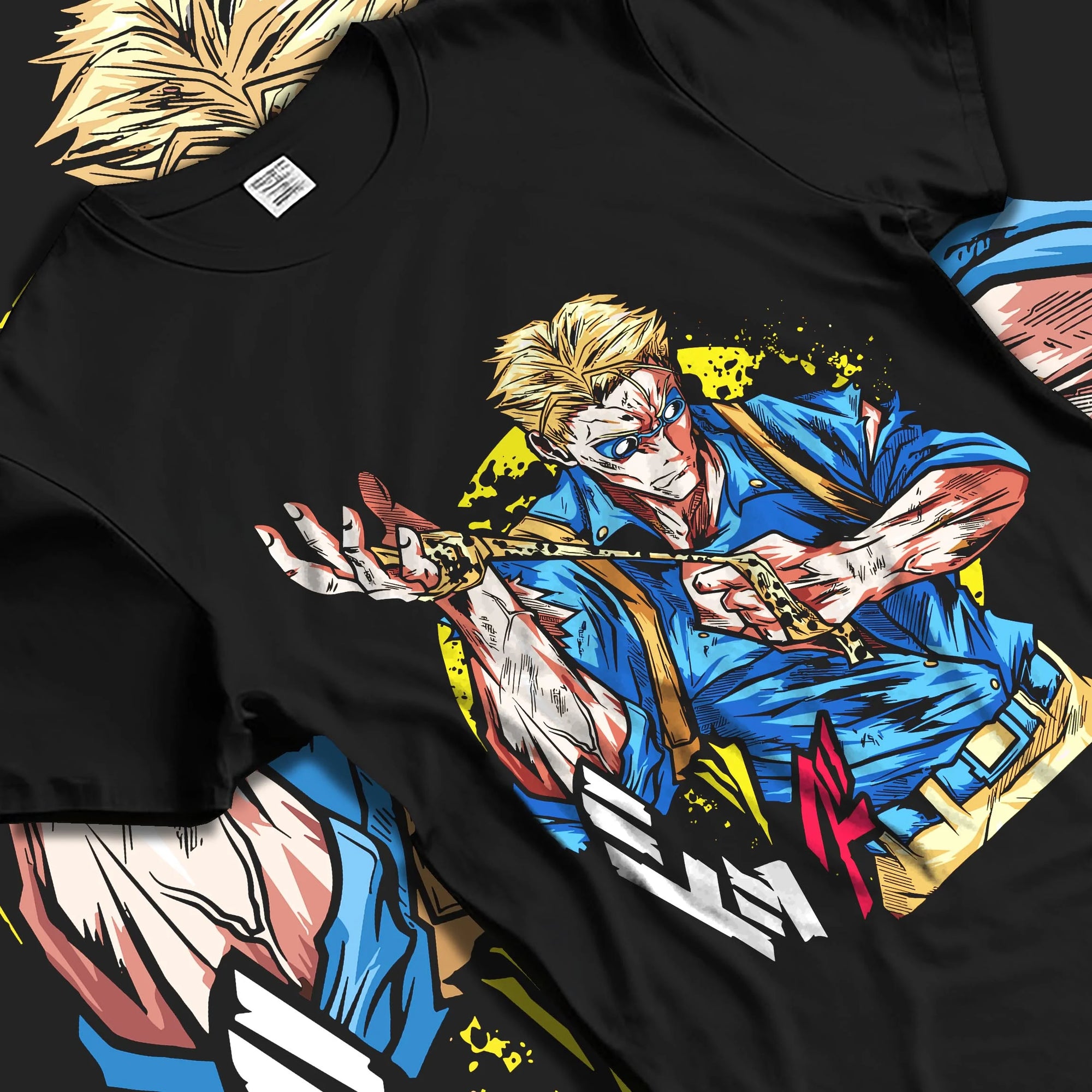 Black T-shirt laid flat with natural folds with Joseph Joestar Hoodie JoJo’s Bizarre Adventure graphic bold anime graphic.