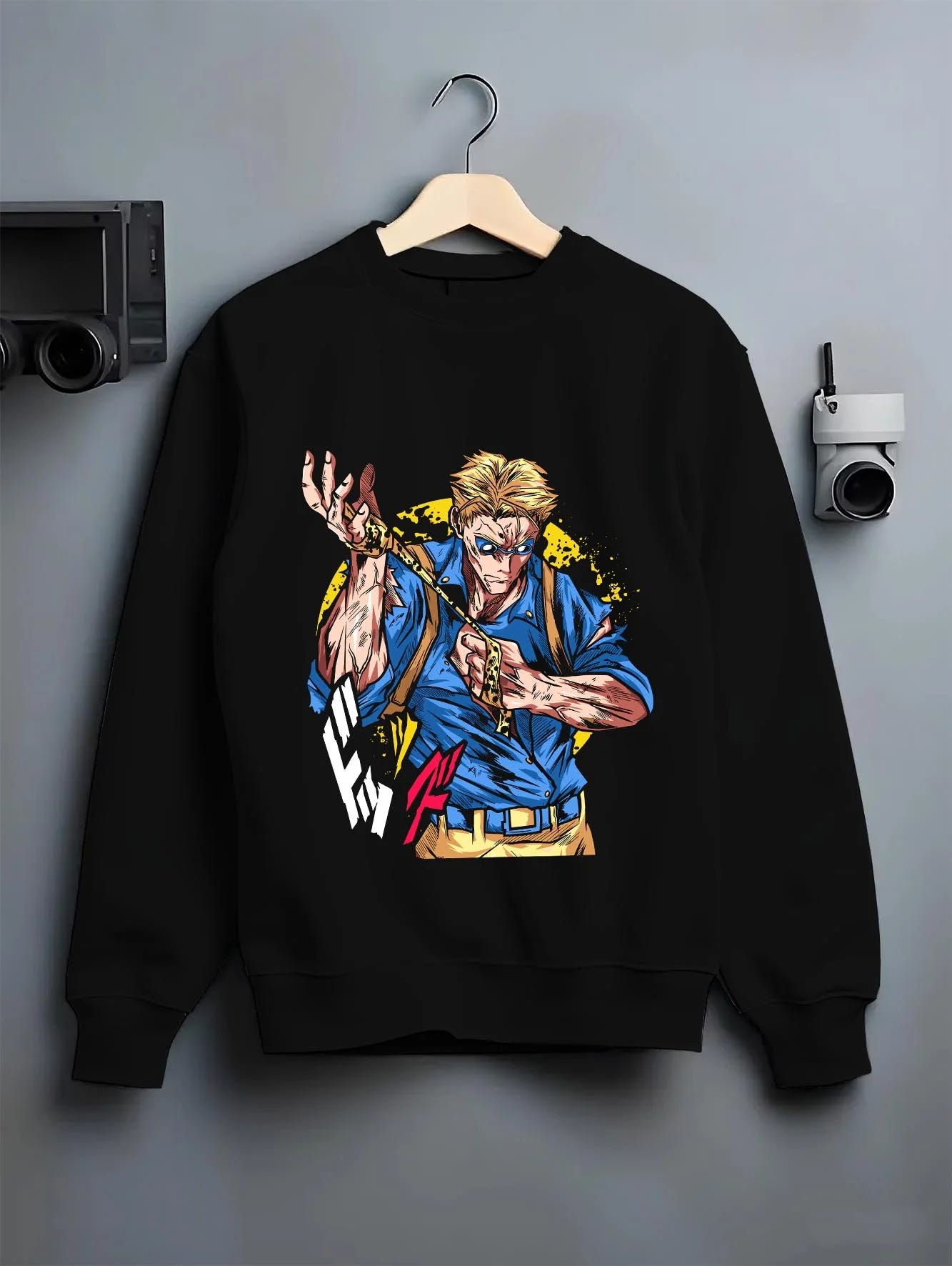Black crewneck sweatshirt on hanger with Joseph Joestar Hoodie JoJo’s Bizarre Adventure graphic streetwear graphic.