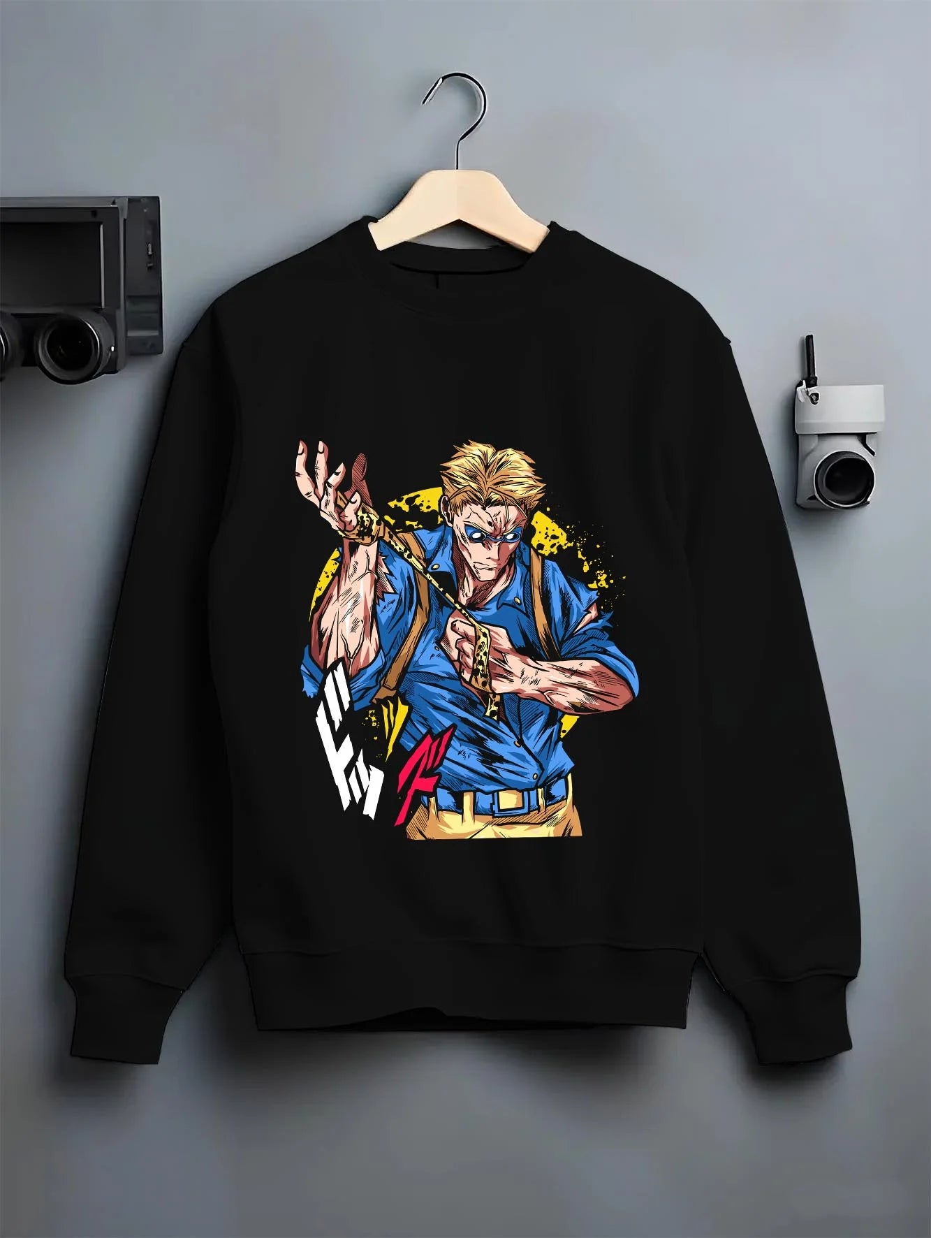Black crewneck sweatshirt on hanger with Joseph Joestar Hoodie JoJo’s Bizarre Adventure graphic streetwear graphic.