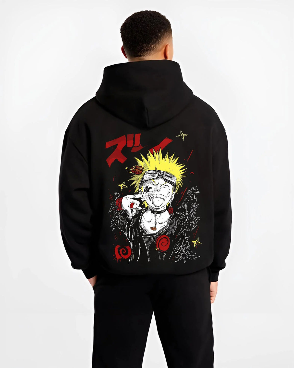 Black hoodie worn by male model from the back featuring Naruto Uzumaki punk street style artwork.