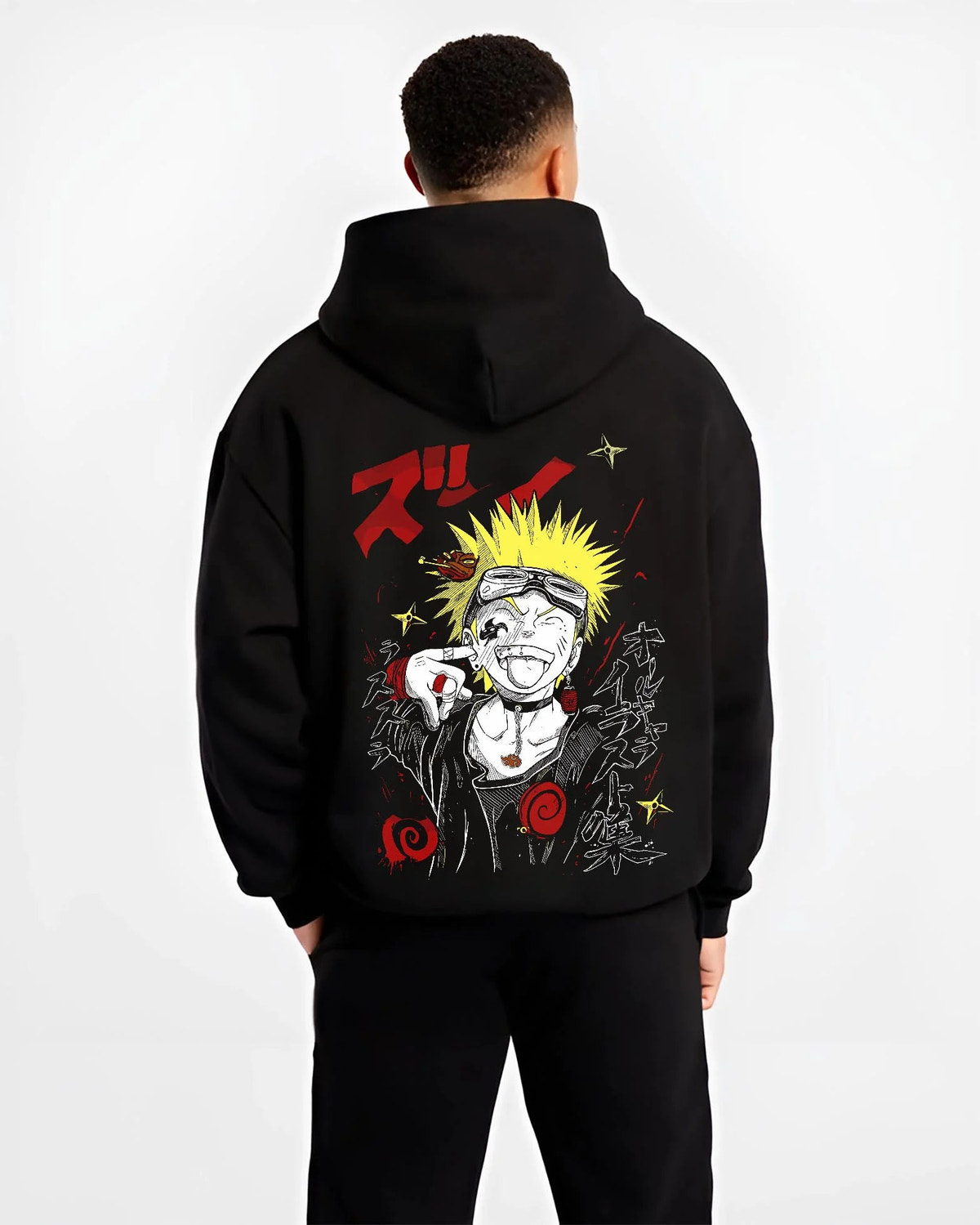 Black hoodie worn by male model from the back featuring Naruto Uzumaki punk street style artwork.