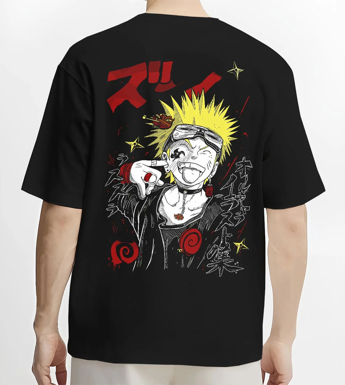 Black T-shirt worn by male model from the back featuring Naruto Uzumaki punk street style artwork.