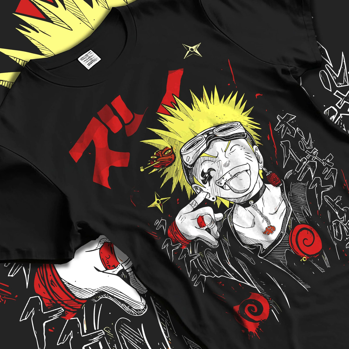 Black T-shirt laid flat with natural folds featuring Naruto Uzumaki punk street style artwork.