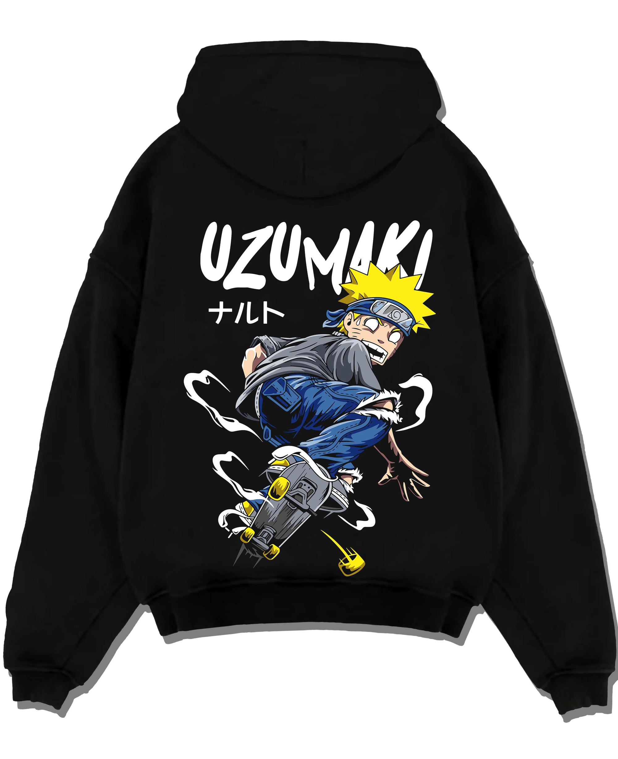 Black pullover hoodie laid flat with Naruto Uzumaki Hoodie Naruto Shippuden Hero graphic versatile unisex fit.
