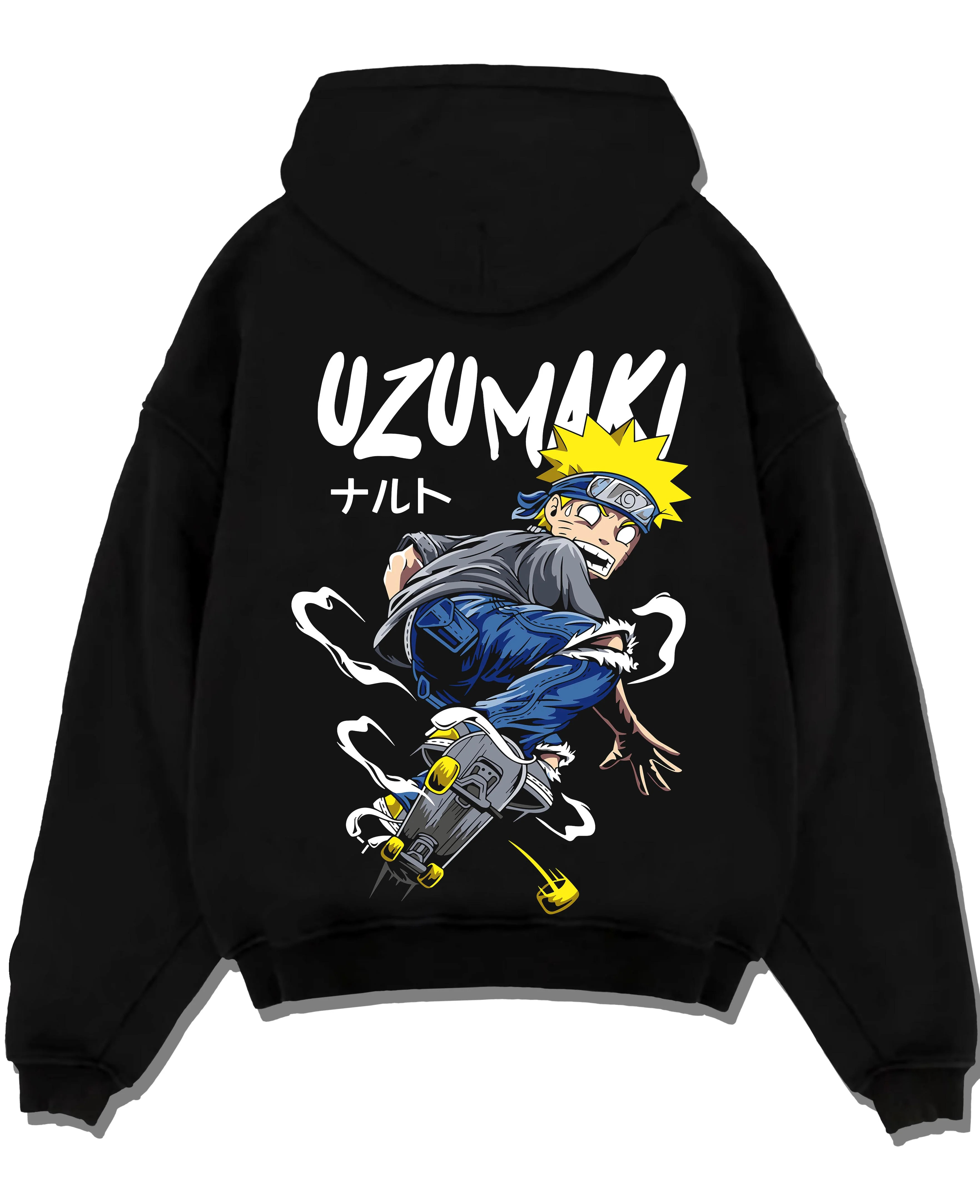 Black pullover hoodie laid flat with Naruto Uzumaki Hoodie Naruto Shippuden Hero graphic versatile unisex fit.