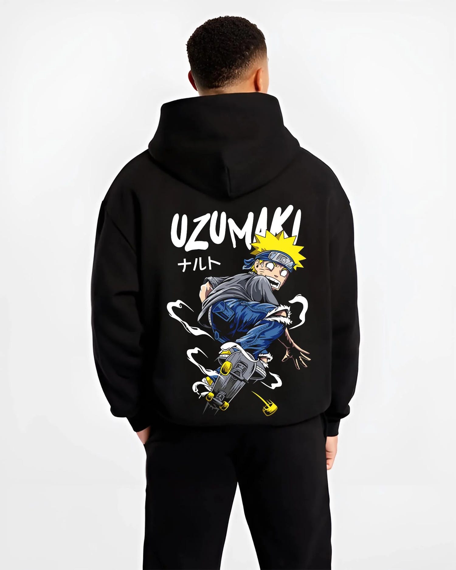 Black hoodie worn by male model, back view with Naruto Uzumaki Hoodie Naruto Shippuden Hero graphic streetwear graphic.