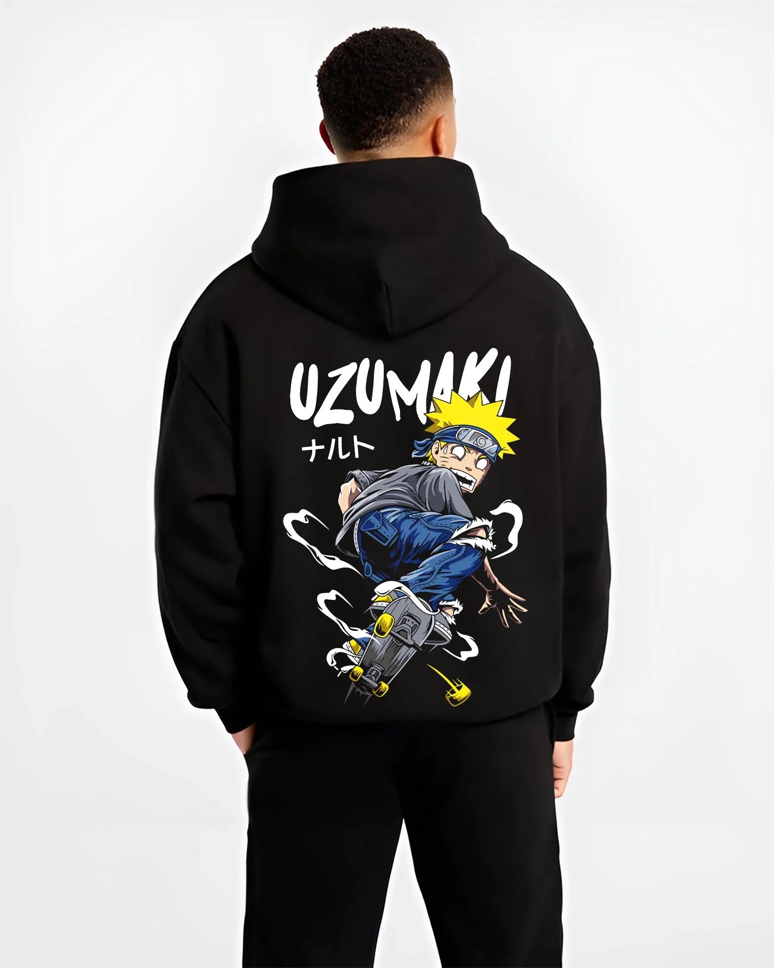 Black hoodie worn by male model, back view with Naruto Uzumaki Hoodie Naruto Shippuden Hero graphic streetwear graphic.