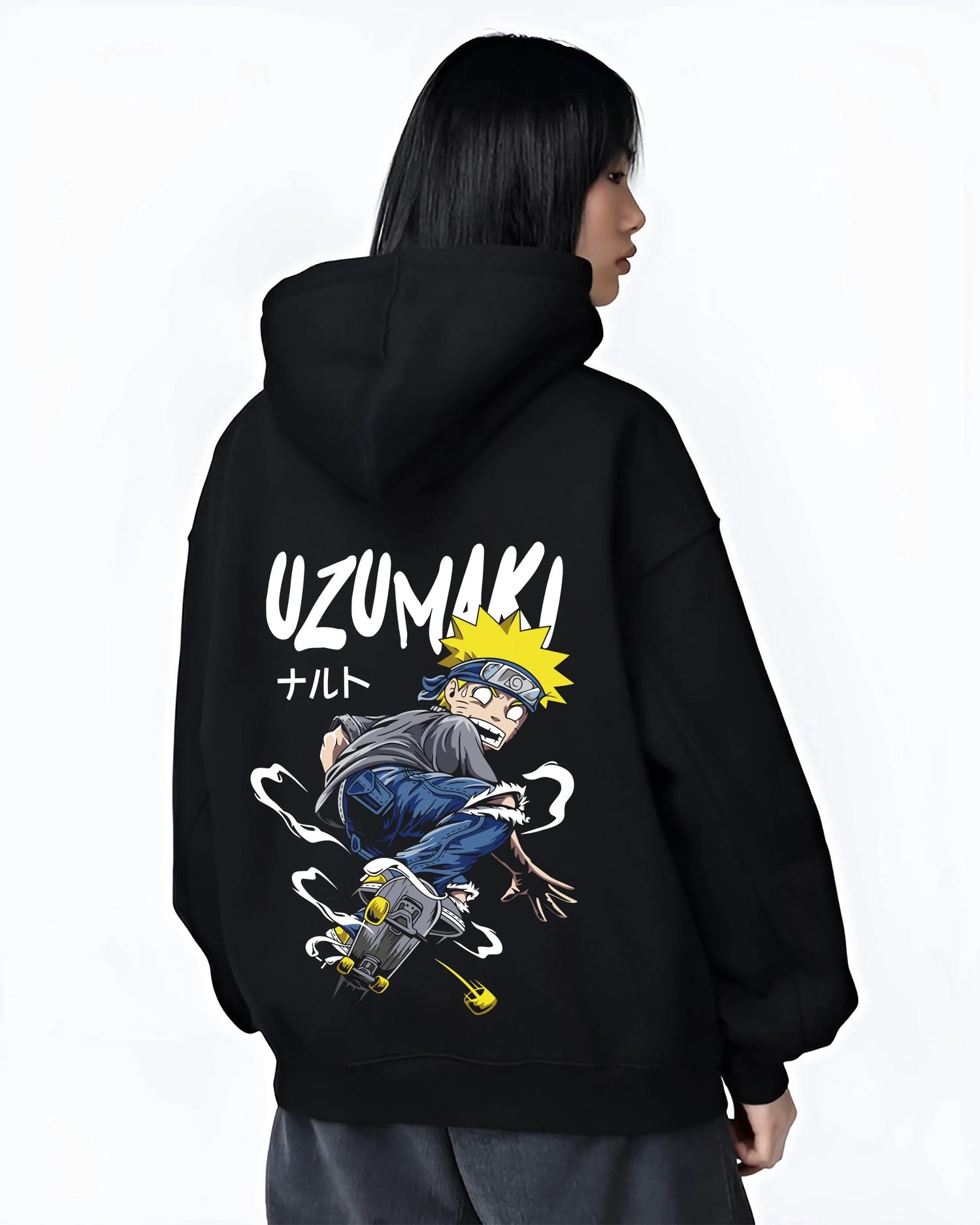 Black hoodie worn by female model, back view with Naruto Uzumaki Hoodie Naruto Shippuden Hero graphic bold anime graphic.