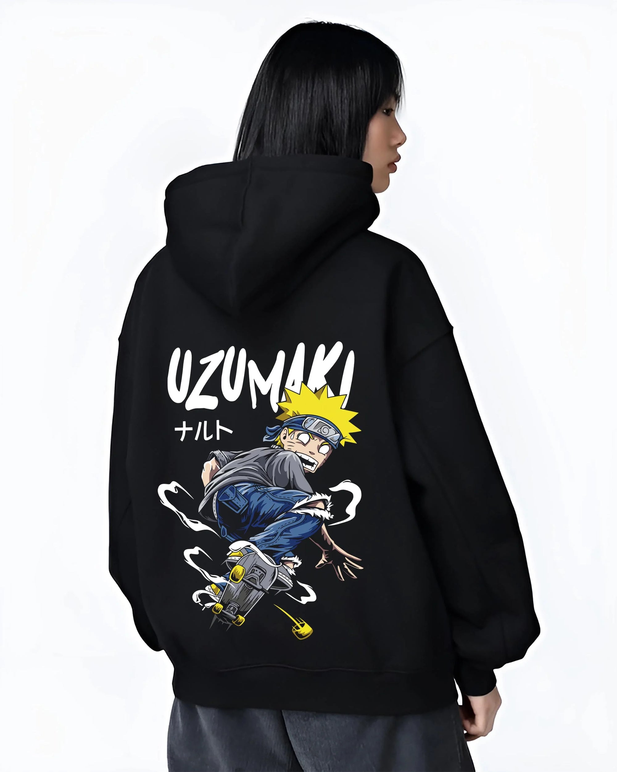 Black hoodie worn by female model, back view with Naruto Uzumaki Hoodie Naruto Shippuden Hero graphic bold anime graphic.