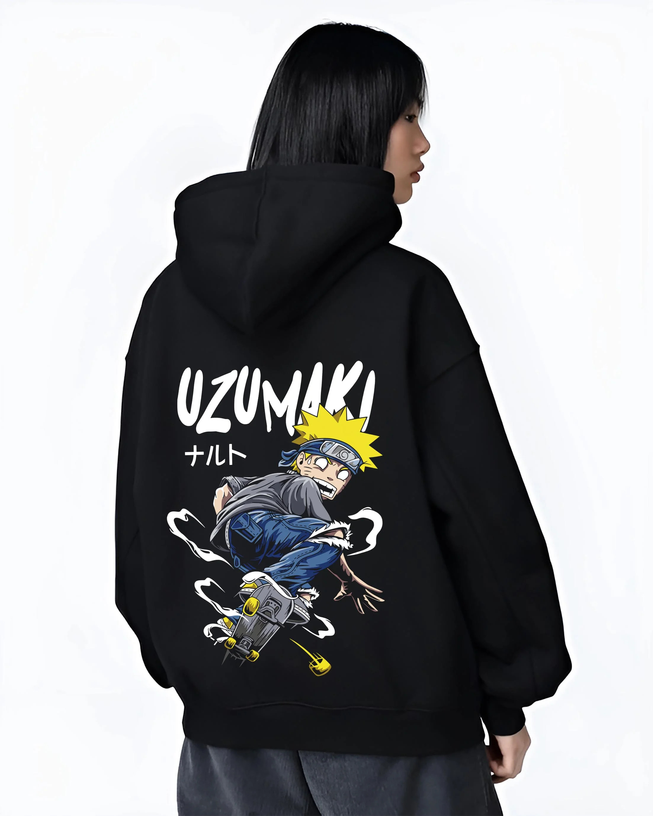 Black hoodie worn by female model, back view with Naruto Uzumaki Hoodie Naruto Shippuden Hero graphic bold anime graphic.