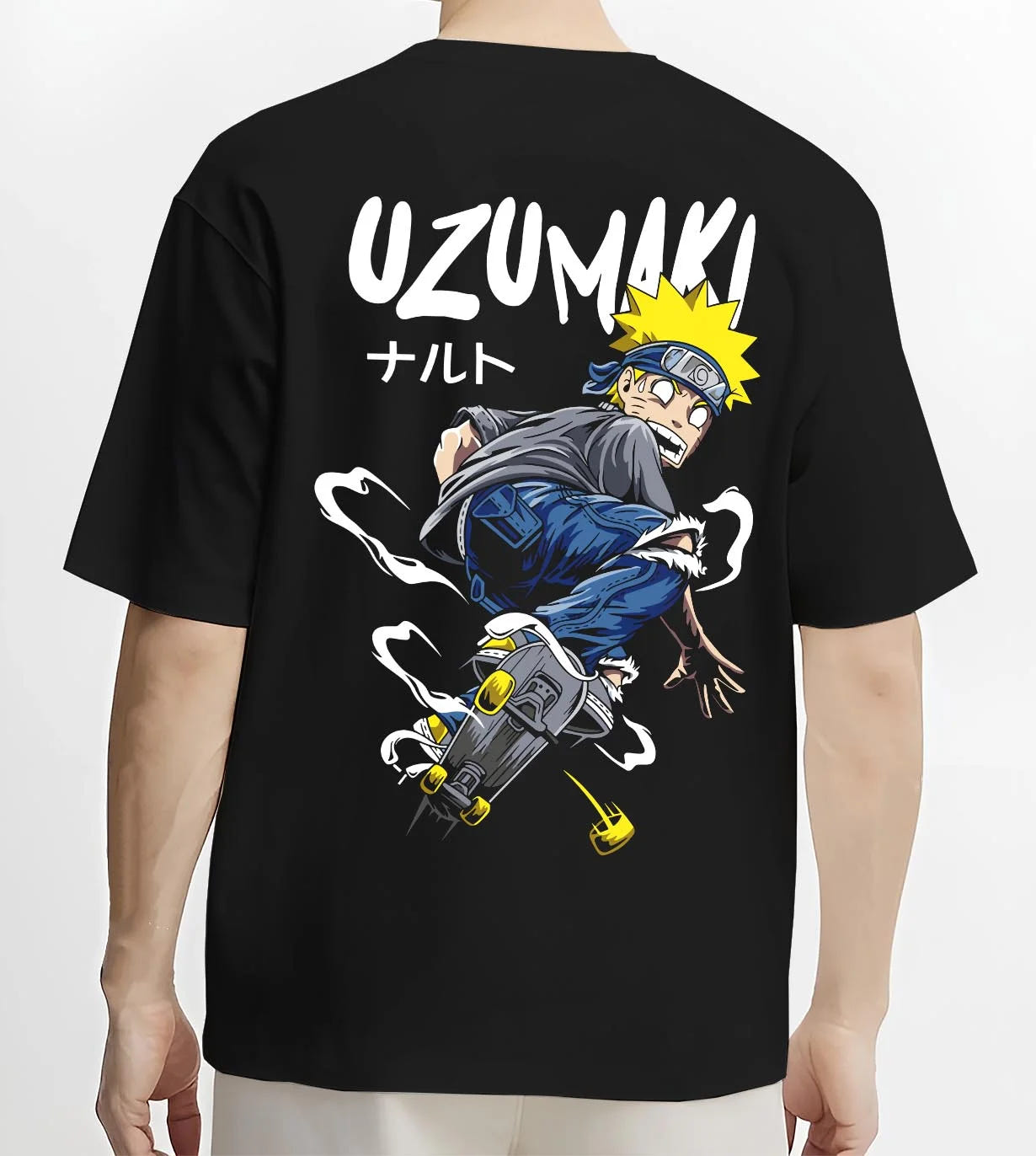 Black T-shirt worn by male model, back view with Naruto Uzumaki Hoodie Naruto Shippuden Hero graphic premium wear.