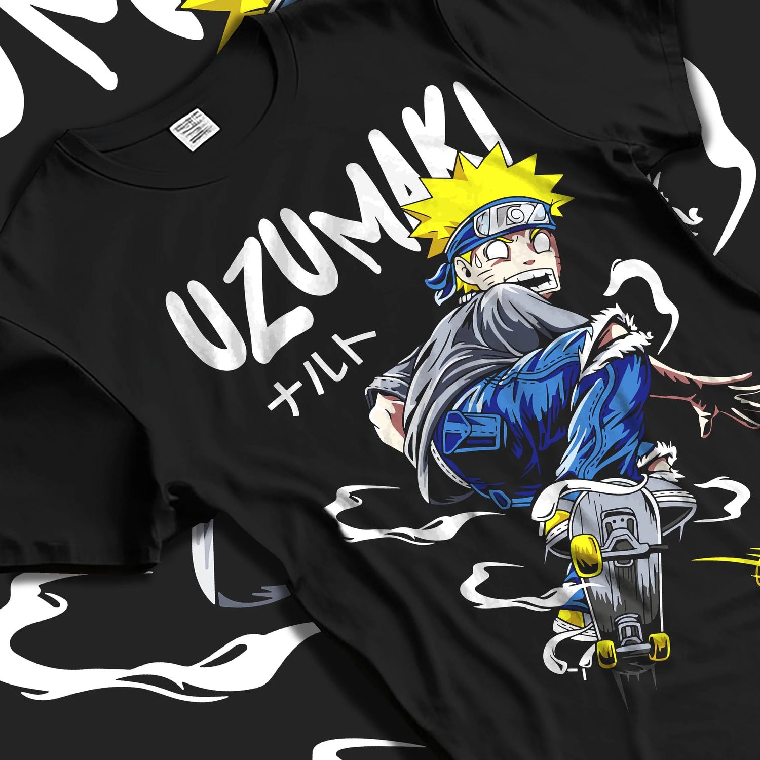 Black T-shirt laid flat with natural folds with Naruto Uzumaki Hoodie Naruto Shippuden Hero graphic streetwear graphic.