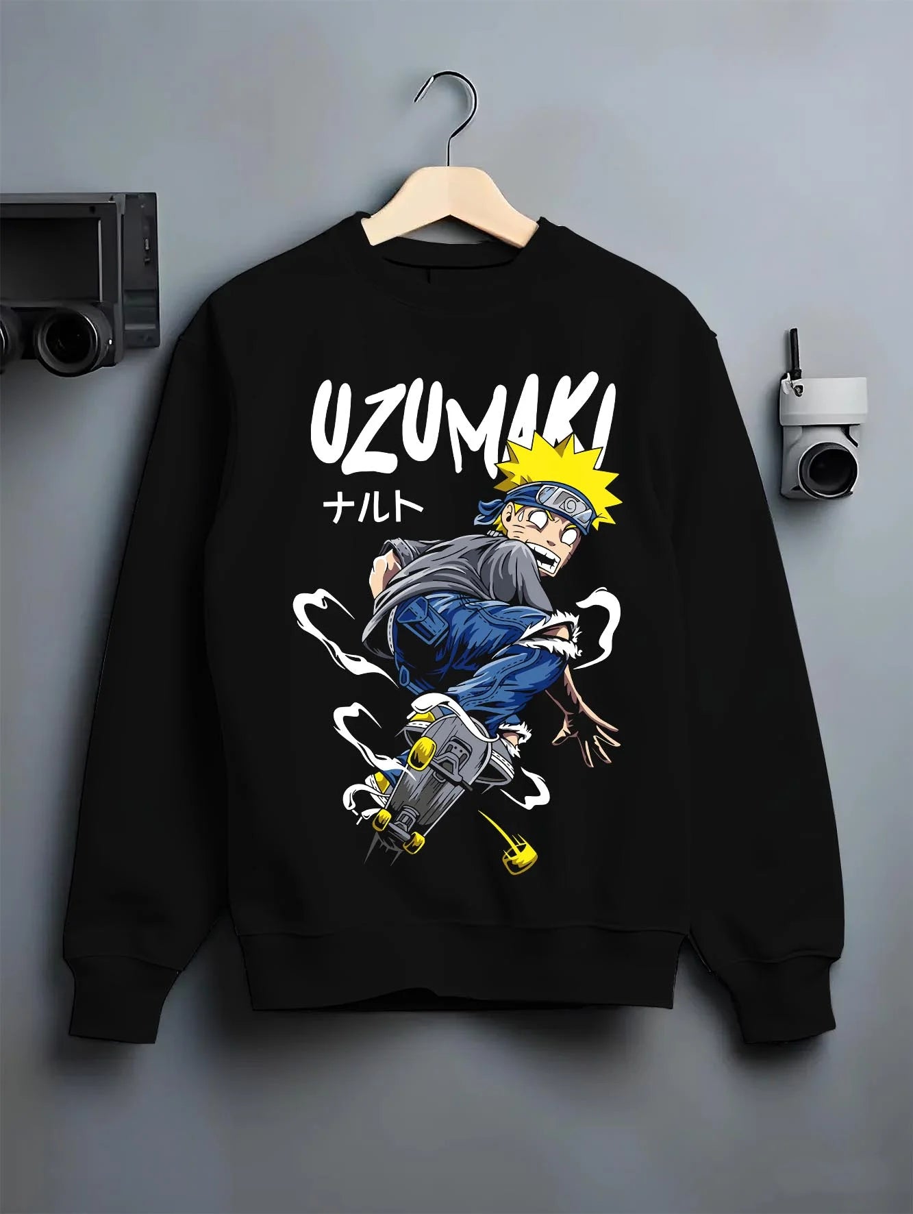 Black crewneck sweatshirt on hanger with Naruto Uzumaki Hoodie Naruto Shippuden Hero graphic streetwear graphic.