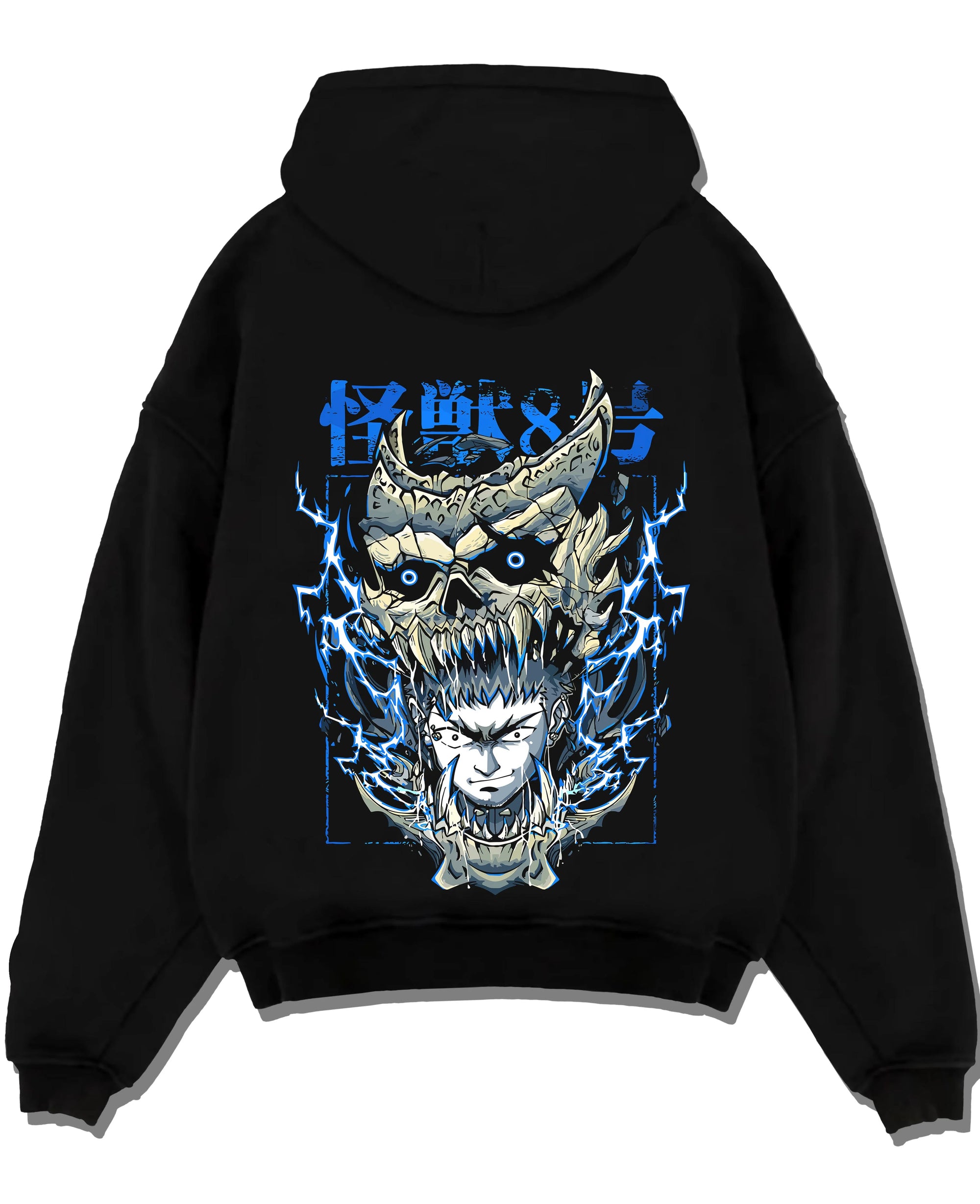 Black pullover hoodie laid flat with Narumi Hoodie Kaiju No. 8 Skull Transformation graphic streetwear graphic.