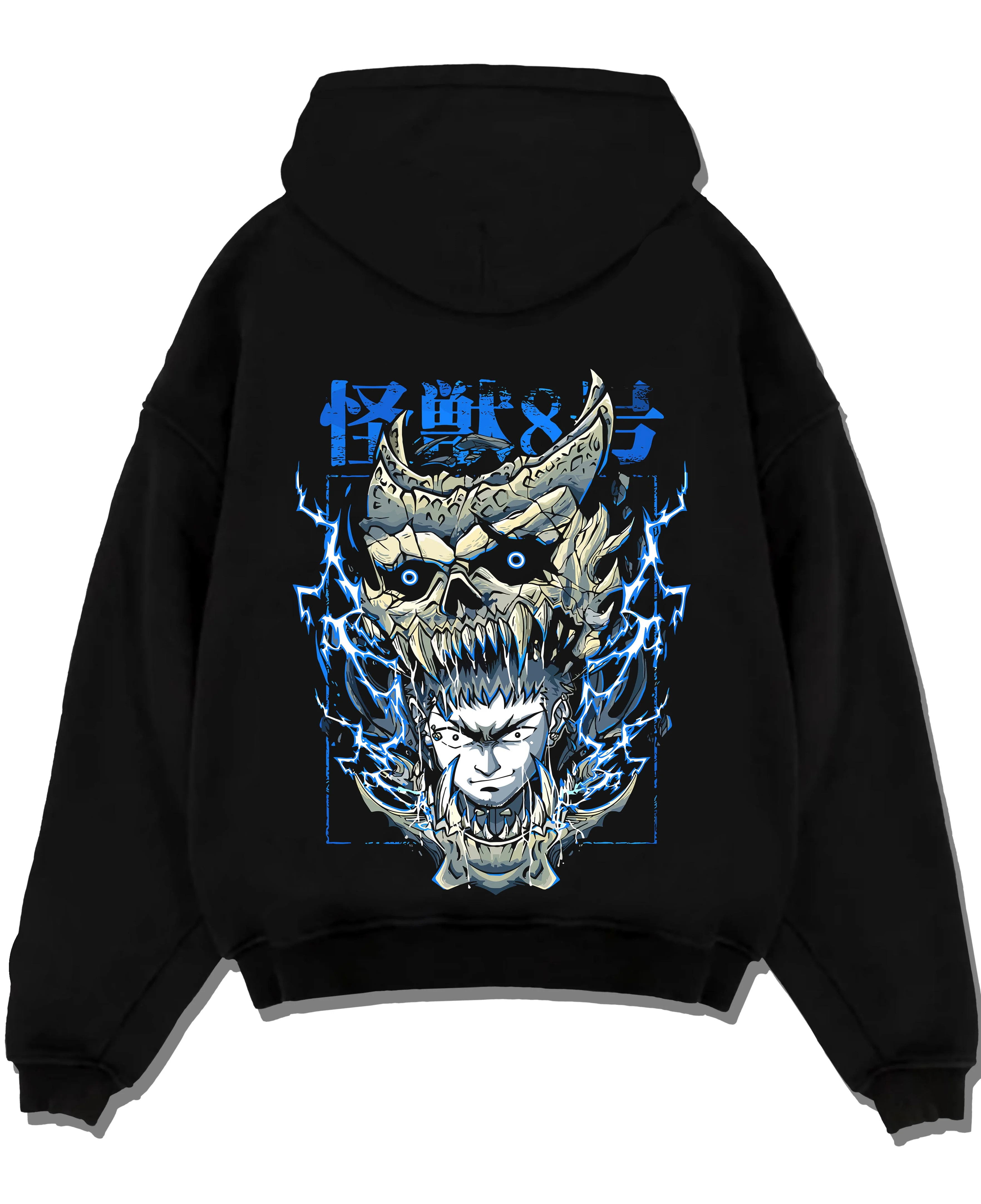 Black pullover hoodie laid flat with Narumi Hoodie Kaiju No. 8 Skull Transformation graphic streetwear graphic.