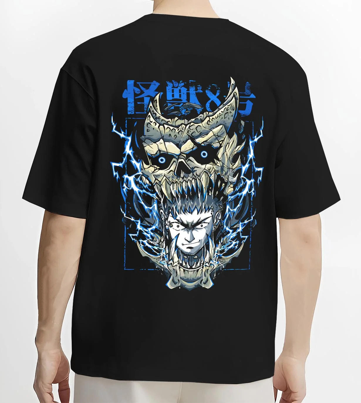 Black T-shirt worn by male model, back view with Narumi Hoodie Kaiju No. 8 Skull Transformation graphic Narumi anime design.