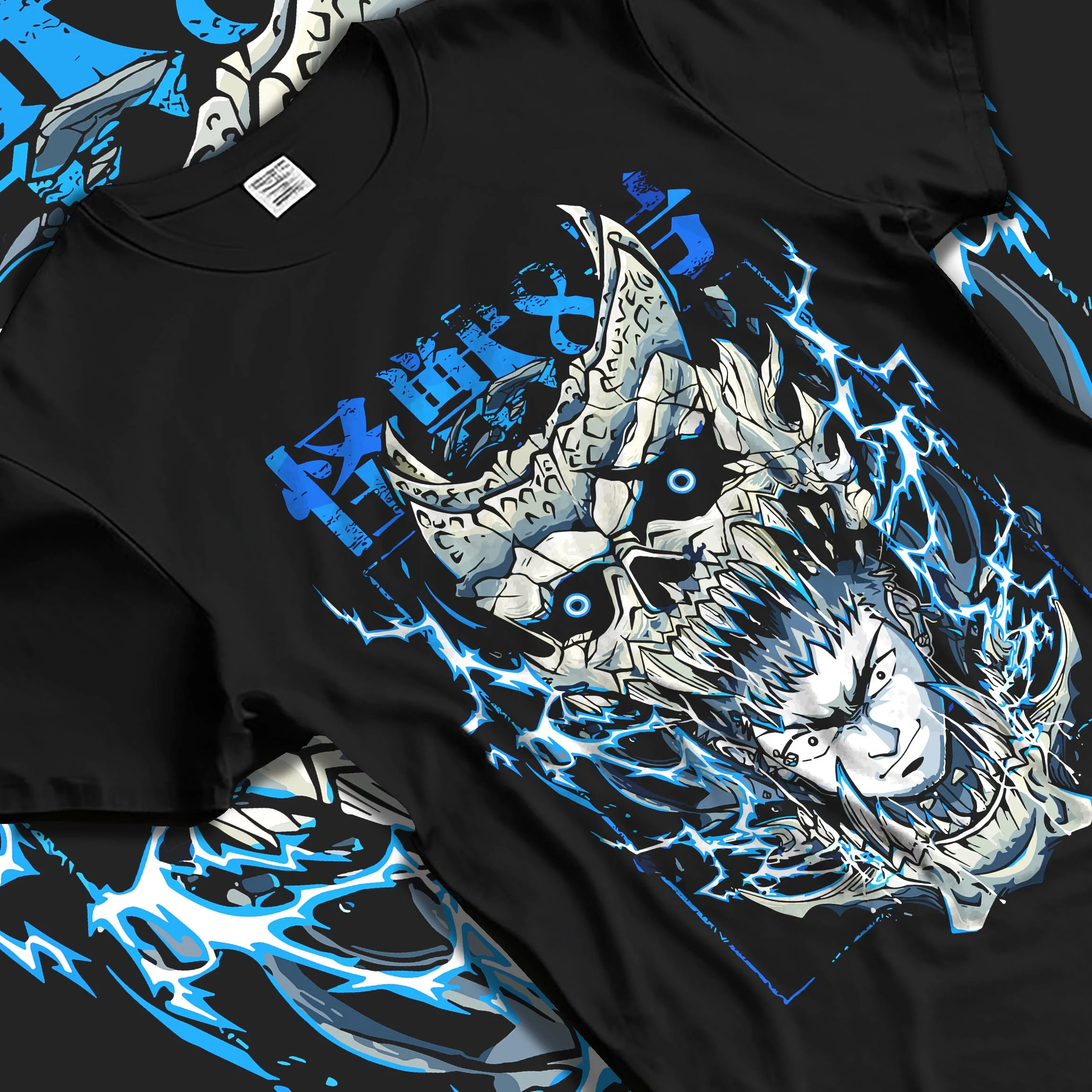 Black T-shirt laid flat with natural folds with Narumi Hoodie Kaiju No. 8 Skull Transformation graphic Narumi anime design.