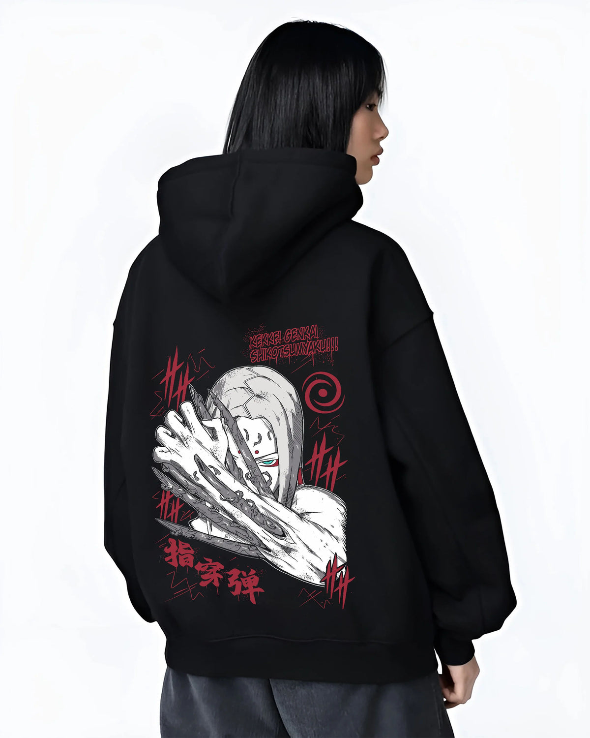 Black hoodie female model back view showing Kimimaro Kaguya from Naruto: bone-based attack (tentative)