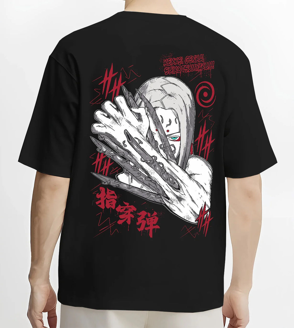 Black T-shirt model back view showing Kimimaro Kaguya from Naruto: bone-based attack (tentative)