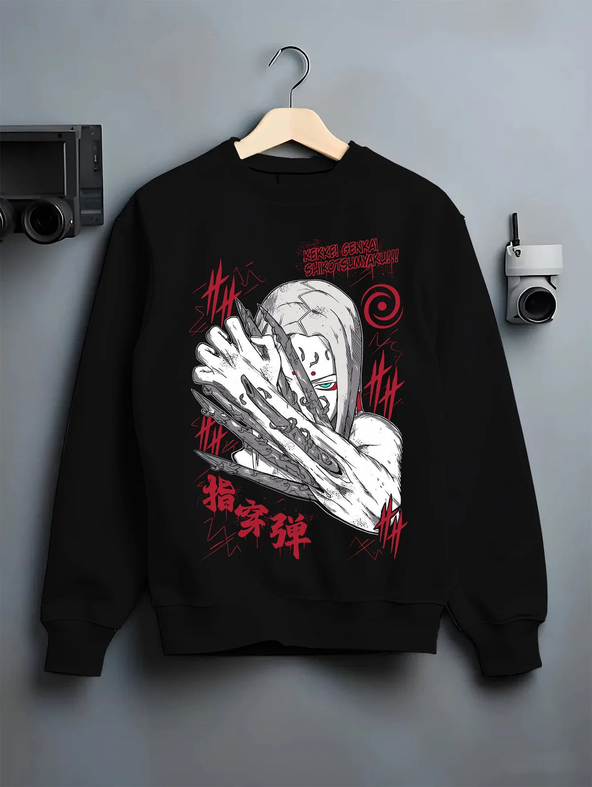 Black crewneck sweatshirt on hanger showing Kimimaro Kaguya from Naruto: bone-based attack (tentative)