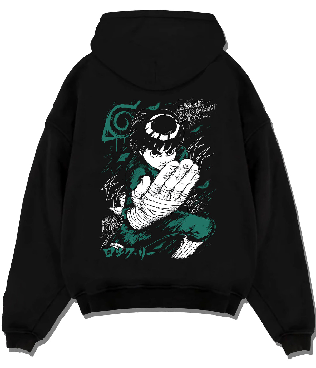 Black hoodie flat back view showing Rock Lee from Naruto: green jumpsuit action pose