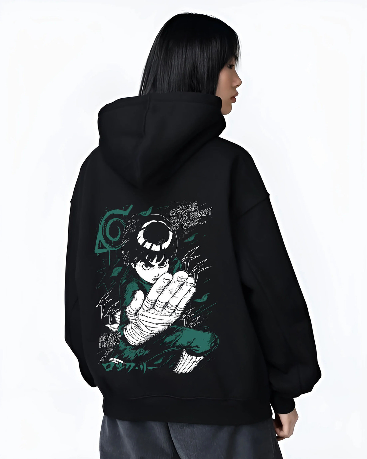 Black hoodie female model back view showing Rock Lee from Naruto: green jumpsuit action pose