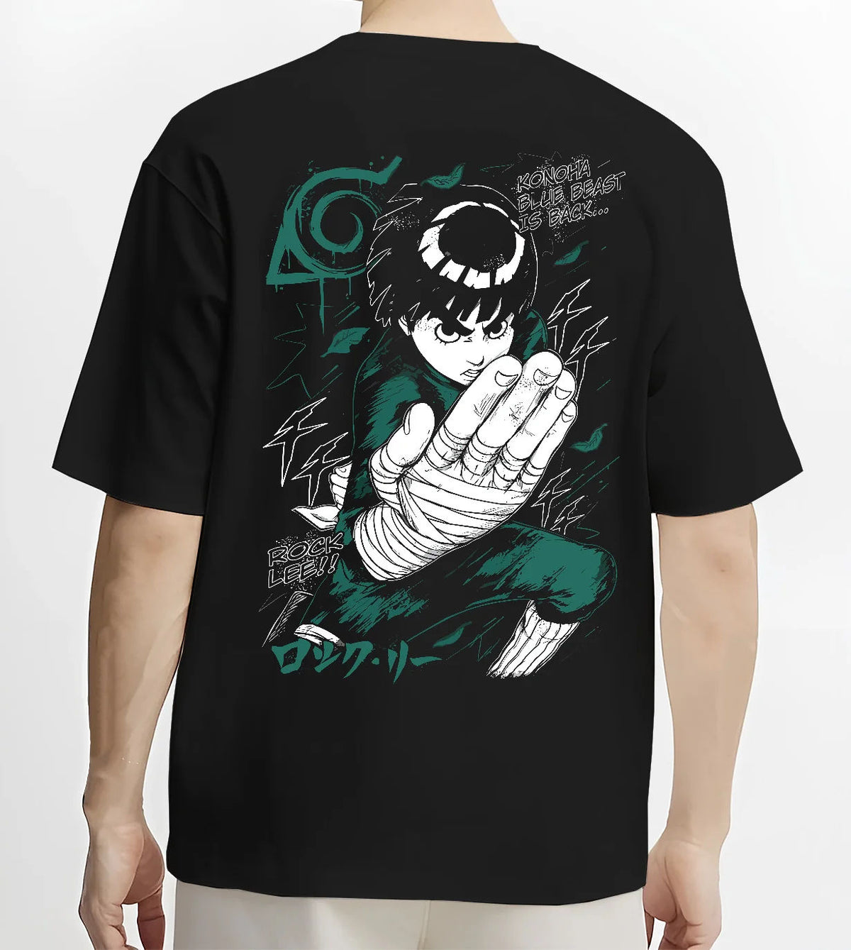 Black T-shirt model back view showing Rock Lee from Naruto: green jumpsuit action pose