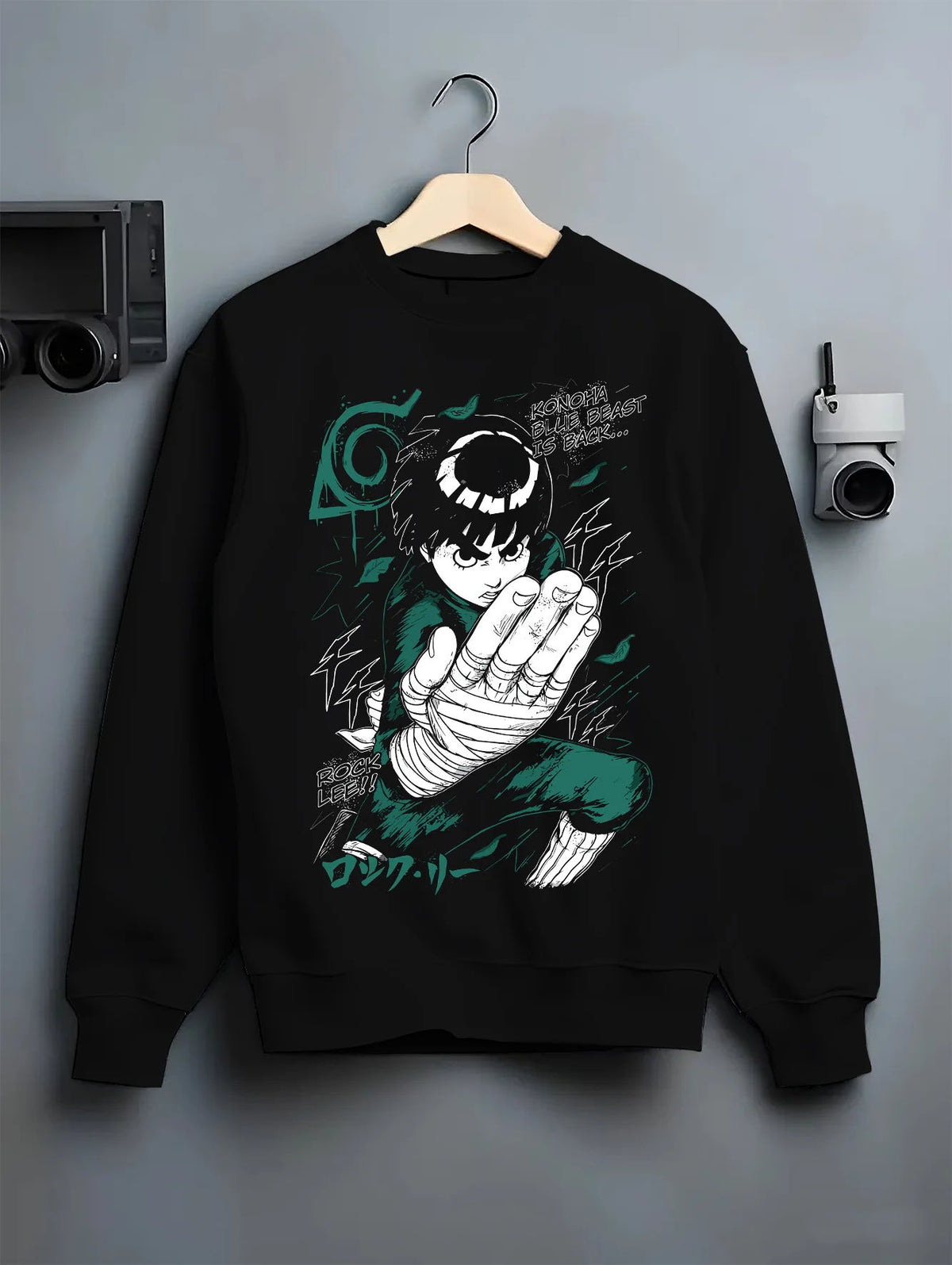 Black crewneck sweatshirt on hanger showing Rock Lee from Naruto: green jumpsuit action pose