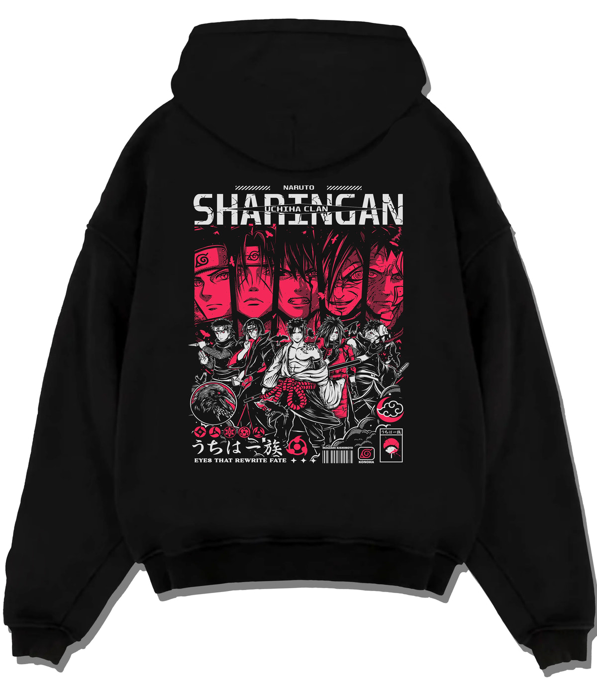 Black hoodie flat back view showing Naruto: Uchiha clan and Itachi character montage