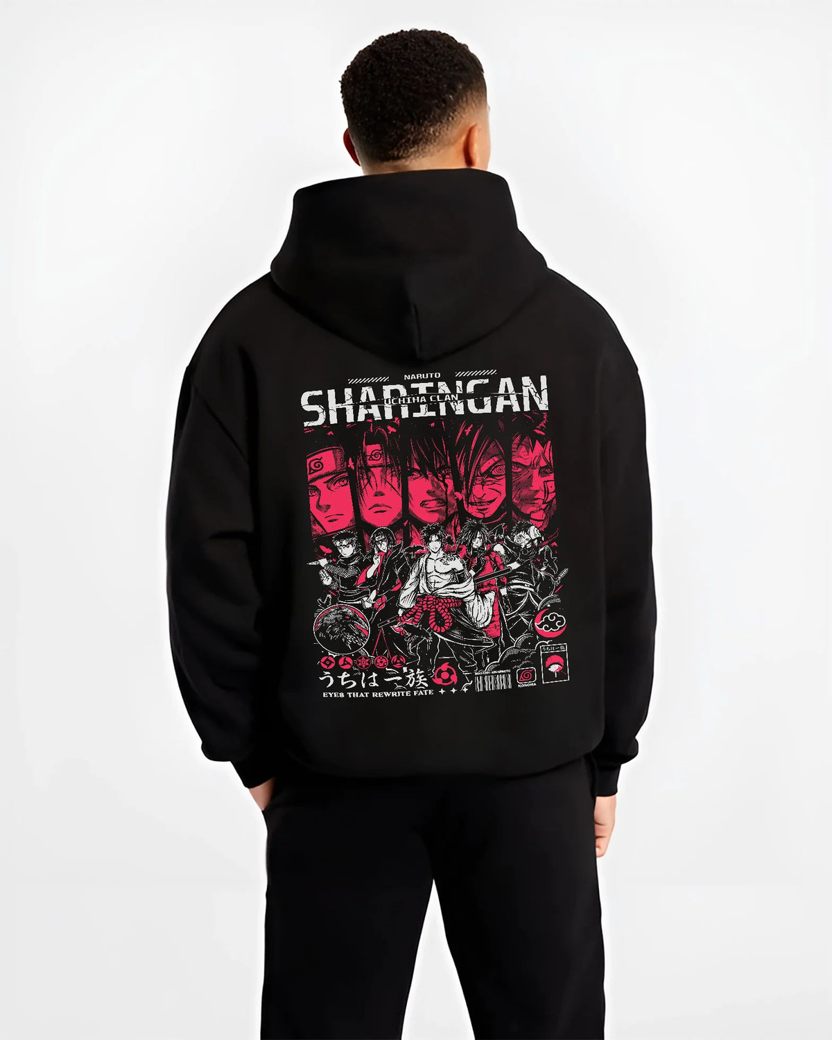 Black hoodie model back view showing Naruto: Uchiha clan and Itachi character montage