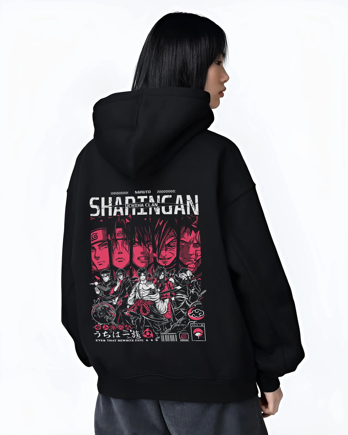 Black hoodie female model back view showing Naruto: Uchiha clan and Itachi character montage