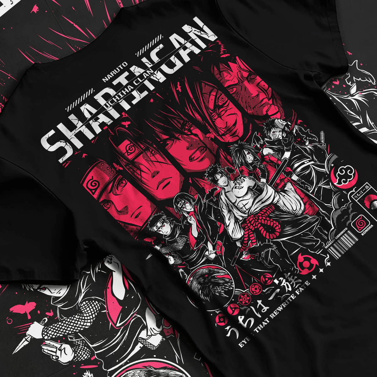 Black T-shirt flat back view showing Naruto: Uchiha clan and Itachi character montage