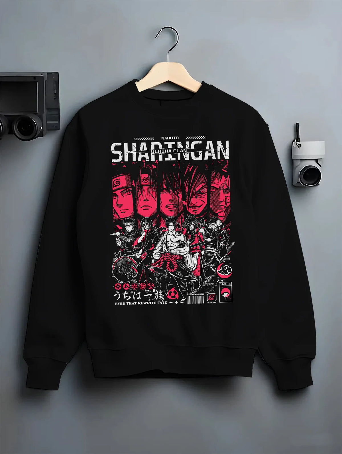 Black crewneck sweatshirt on hanger showing Naruto: Uchiha clan and Itachi character montage