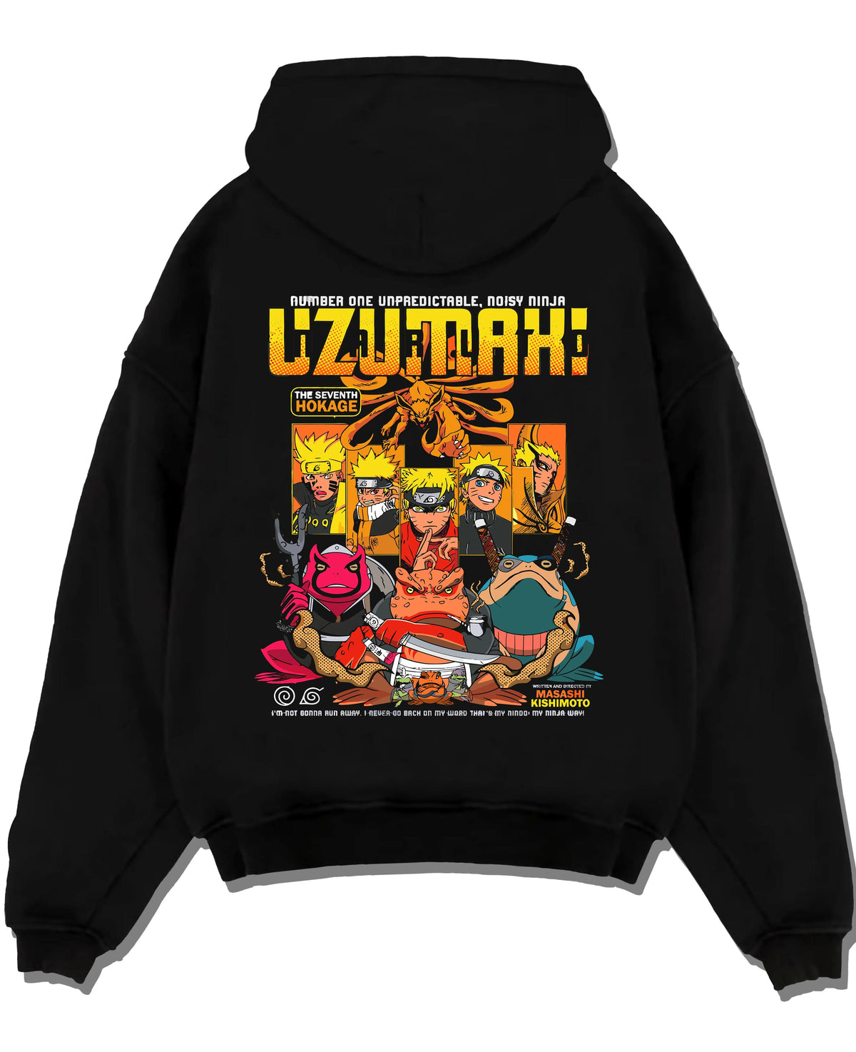 Black hoodie laid flat featuring Naruto Seventh Hokage with summons and Kurama artwork.