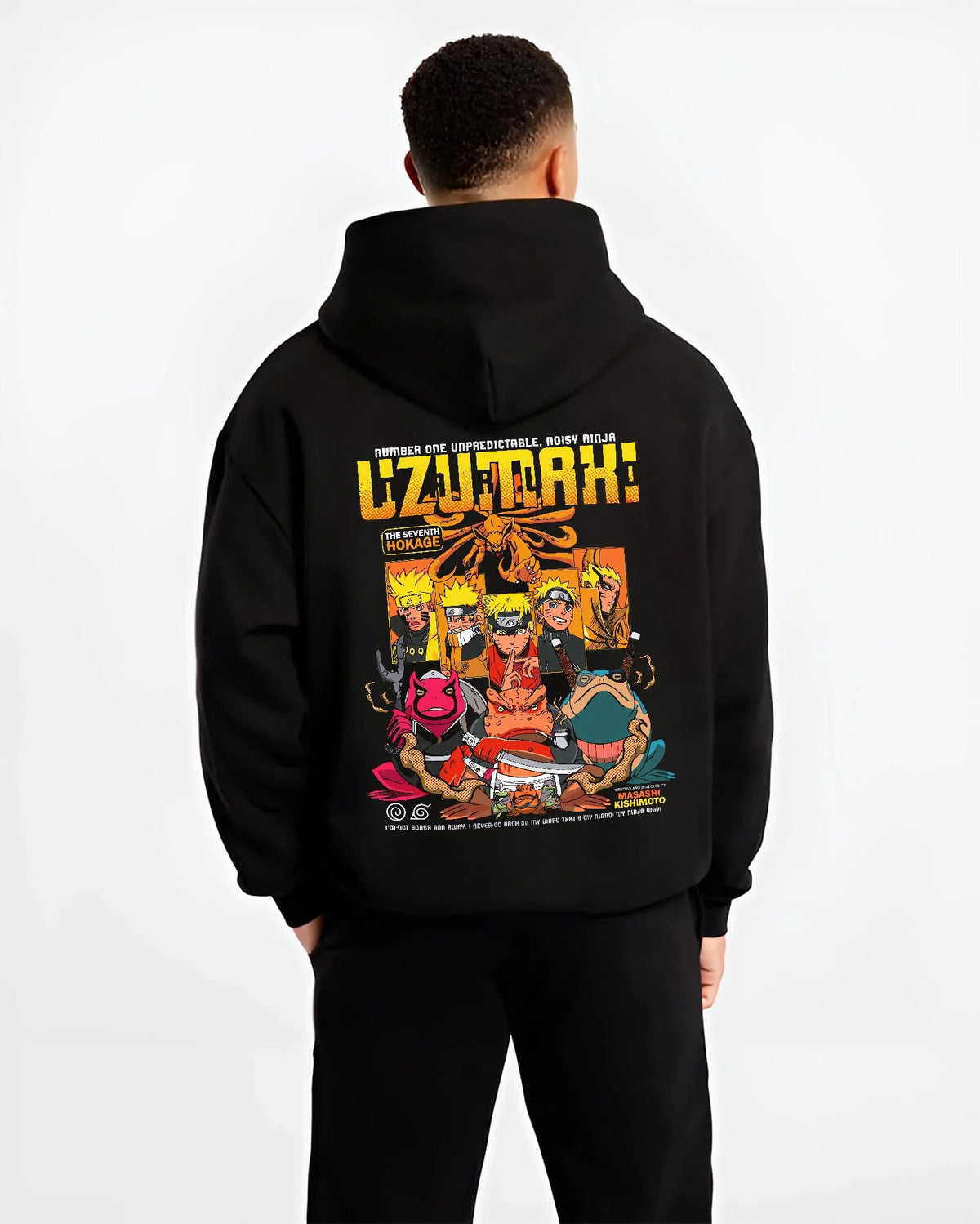 Black hoodie worn by male model from the back featuring Naruto Seventh Hokage with summons and Kurama artwork.