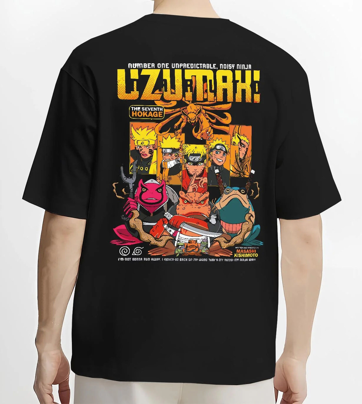 Black T-shirt worn by male model from the back featuring Naruto Seventh Hokage with summons and Kurama artwork.