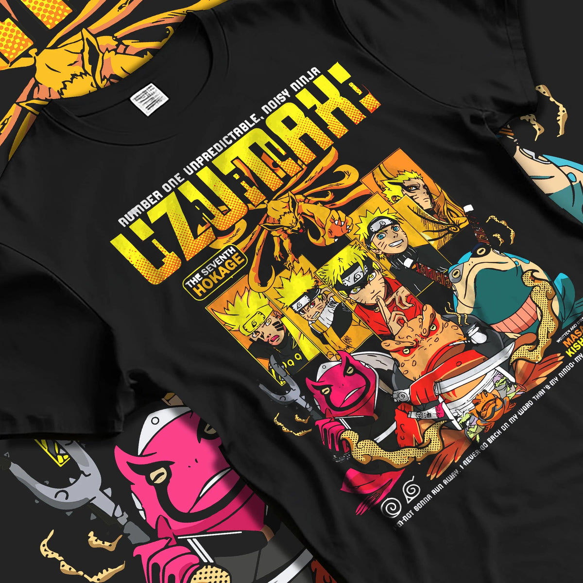 Black T-shirt laid flat with natural folds featuring Naruto Seventh Hokage with summons and Kurama artwork.
