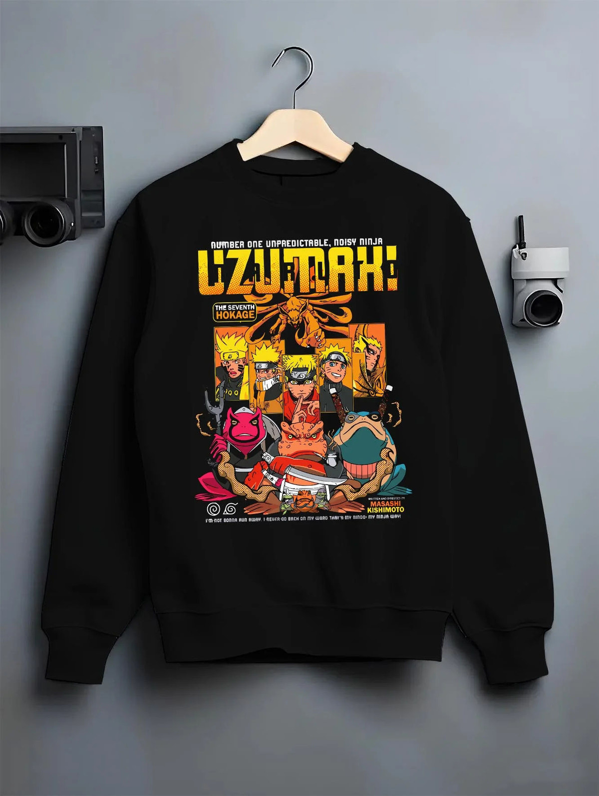 Black crewneck sweatshirt on hanger featuring Naruto Seventh Hokage with summons and Kurama artwork.