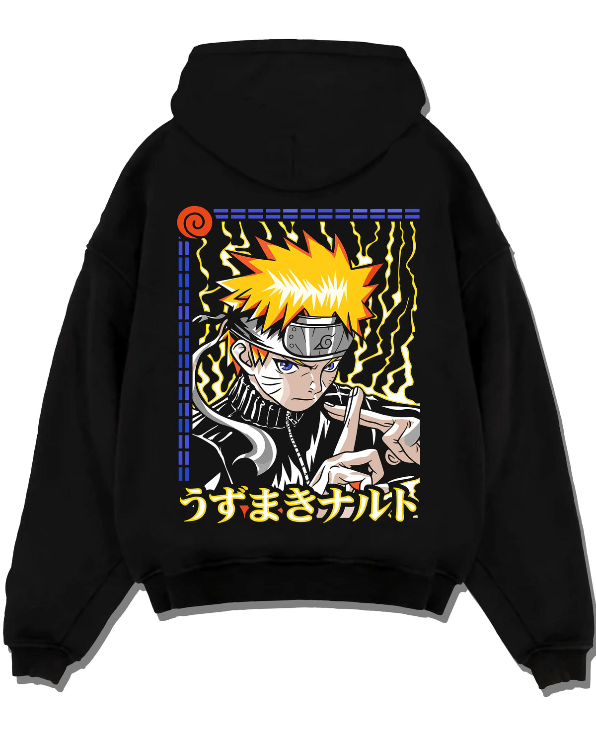 Black hoodie laid flat featuring Naruto Uzumaki hand seal and lightning aura artwork.