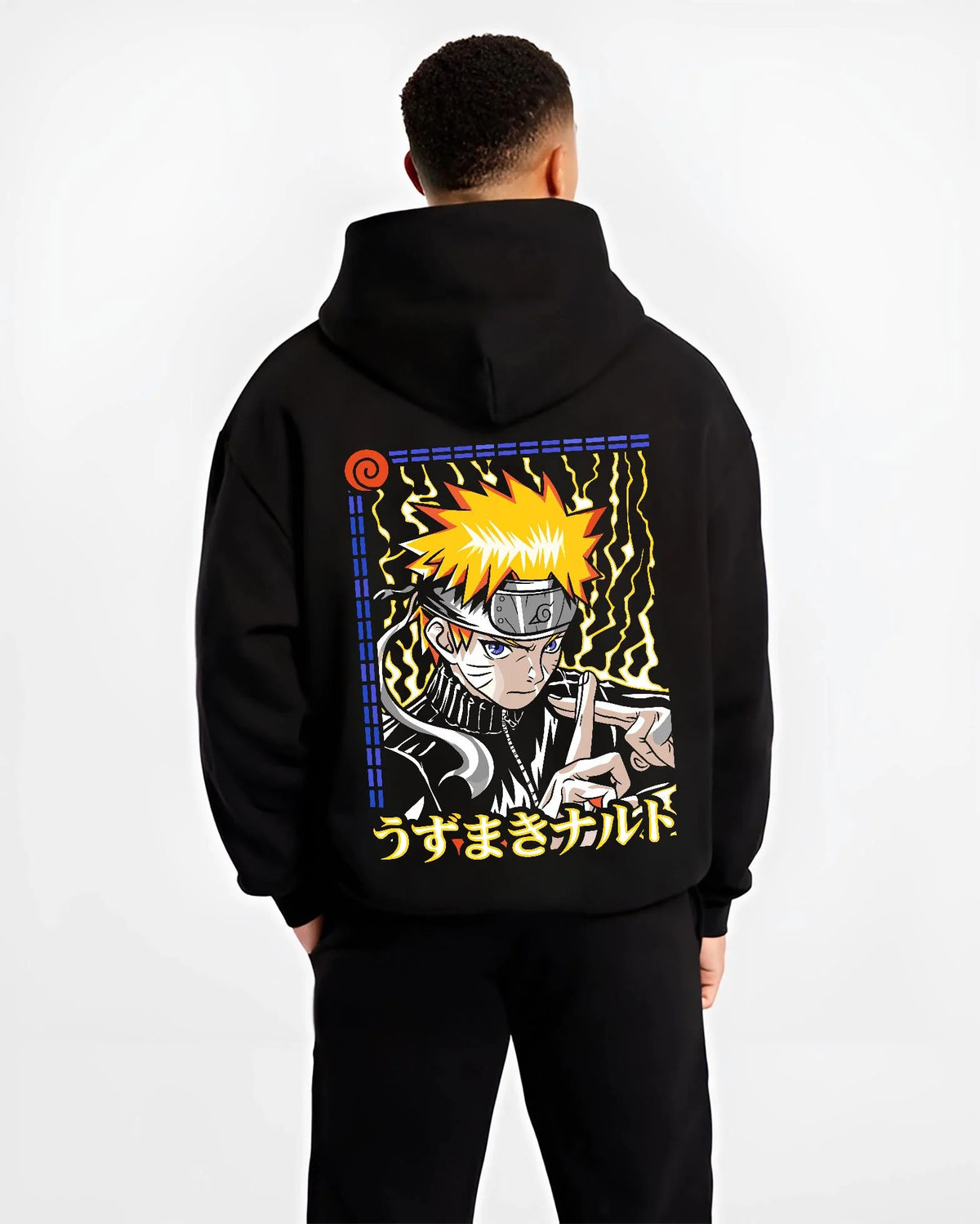 Black hoodie worn by male model from the back featuring Naruto Uzumaki hand seal and lightning aura artwork.