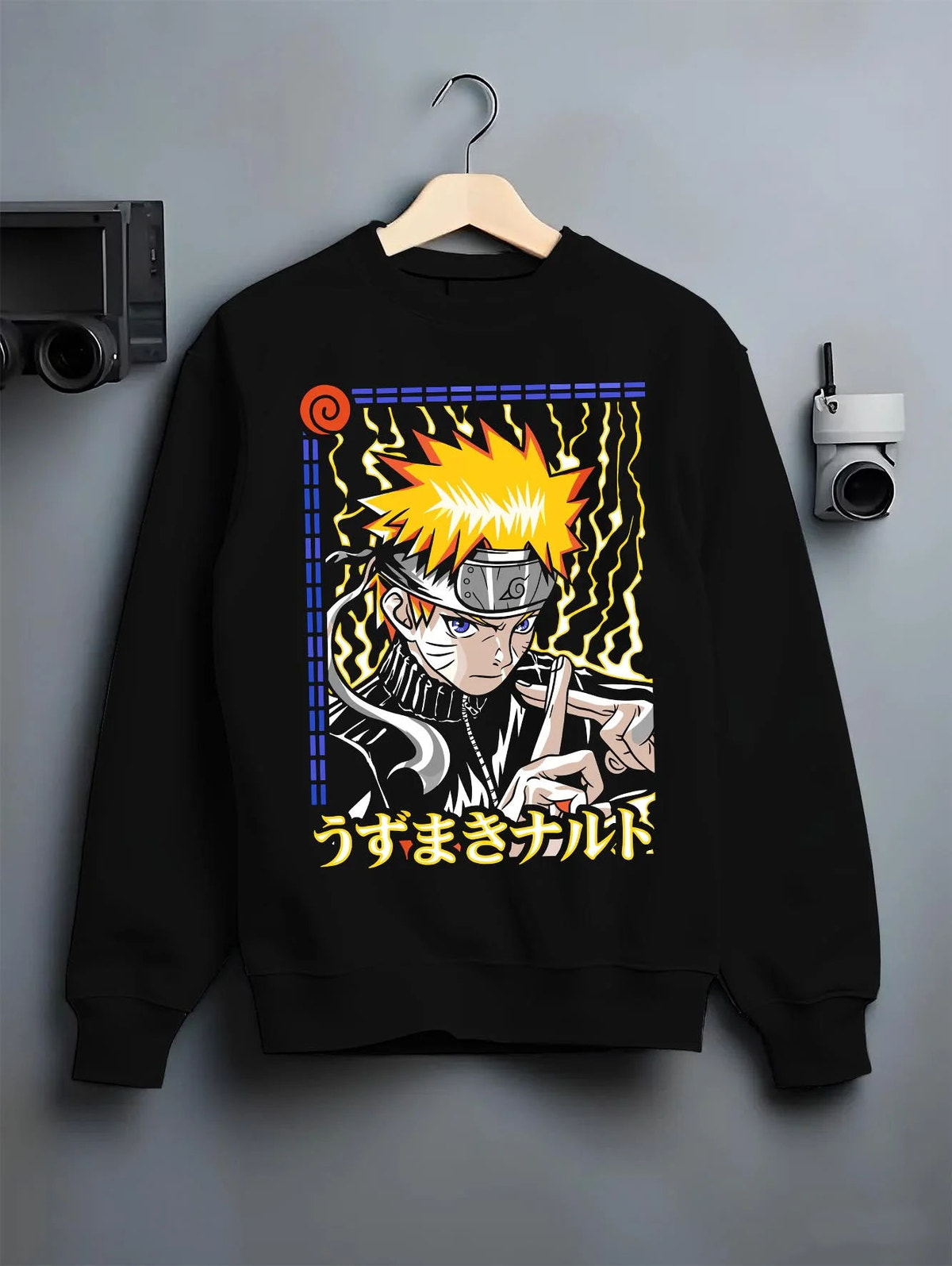 Black crewneck sweatshirt on hanger featuring Naruto Uzumaki hand seal and lightning aura artwork.