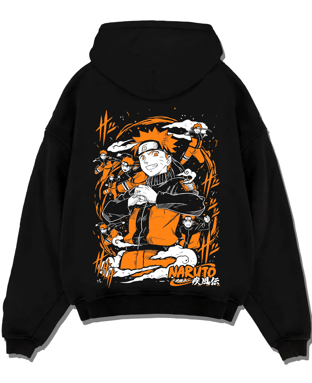 Black hoodie laid flat featuring Naruto Uzumaki Shadow Clone Jutsu artwork.