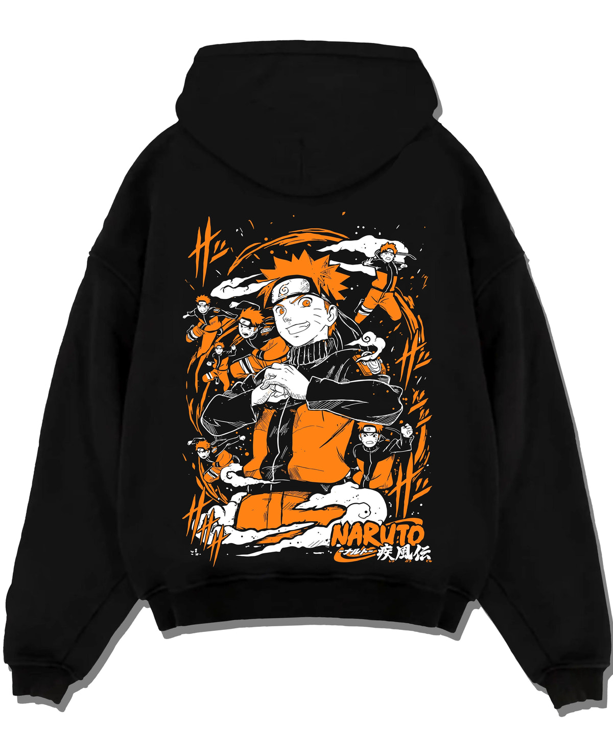 Black hoodie laid flat featuring Naruto Uzumaki Shadow Clone Jutsu artwork.