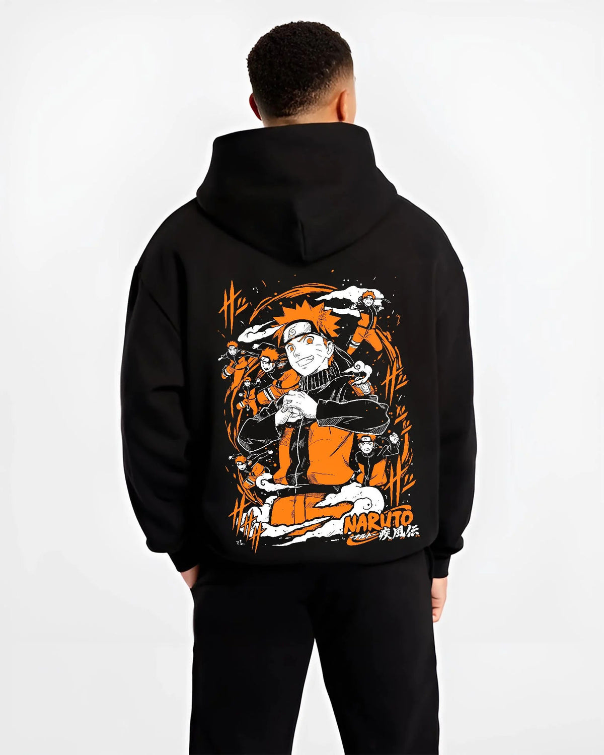 Black hoodie worn by male model from the back featuring Naruto Uzumaki Shadow Clone Jutsu artwork.